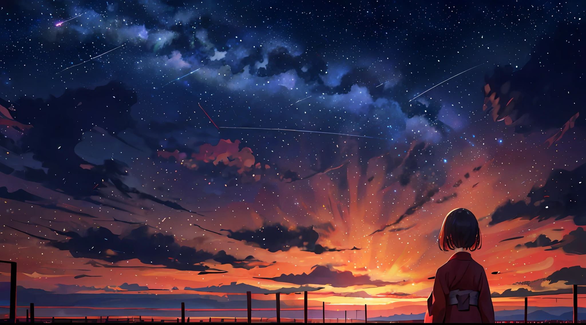 One, distant girl in kimono staring at the stars (reduced: 1.1), (meteor shower: 1.2), (comet: 1.1), your name, low angle, from behind, arrow labrealis shooting star, yukata, red kimono, cherry blossoms, highest quality standing in the field, masterpiece, clouds, colorful, starry sky, stars,