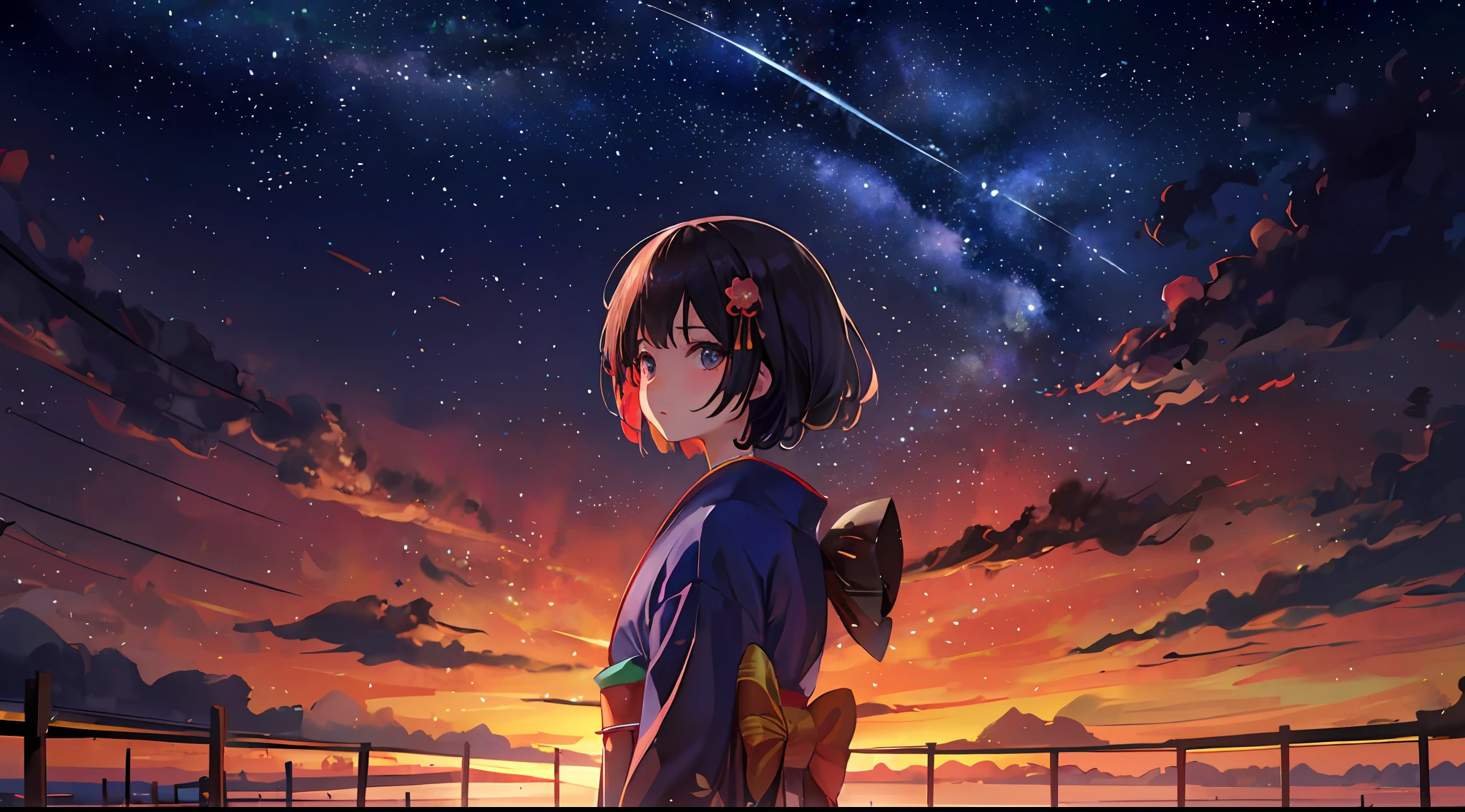One, distant girl in kimono staring at the stars (reduced: 1.1), (meteor shower: 1.2), (comet: 1.1), your name, low angle, from behind, arrow labrealis shooting star, yukata, red kimono, cherry blossoms, highest quality standing in the field, masterpiece, clouds, colorful, starry sky, stars,