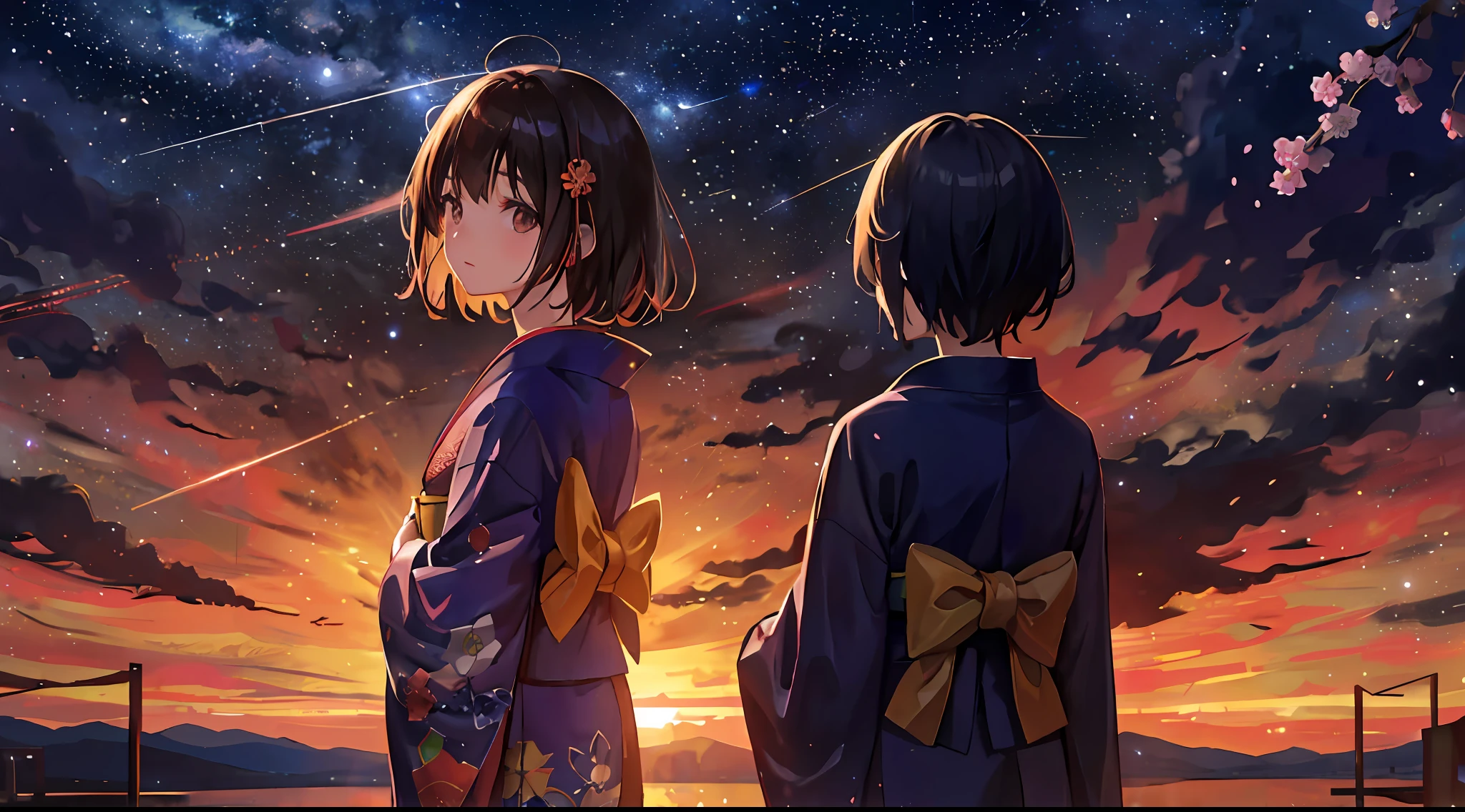 One, distant girl in kimono staring at the stars (reduced: 1.1), (meteor shower: 1.2), (comet: 1.1), your name, low angle, from behind, arrow labrealis shooting star, yukata, red kimono, cherry blossoms, highest quality standing in the field, masterpiece, clouds, colorful, starry sky, stars,