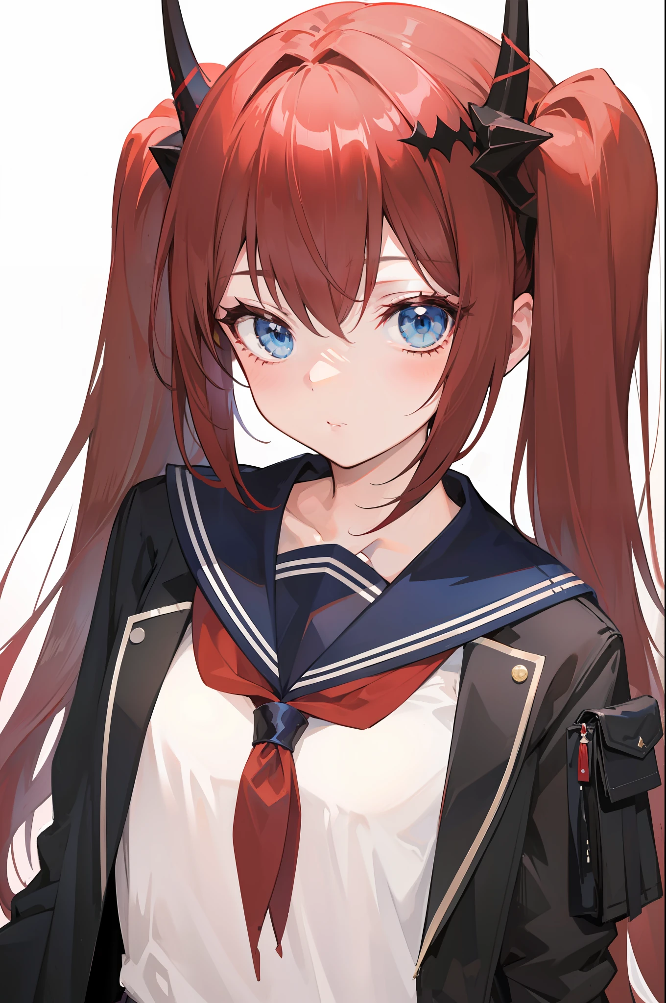 red hair, blue eyes, twintails,Sailor suit,Dragon horns,coat,red Pleated skirt,solo,1girl, arknights, long hair, loli,