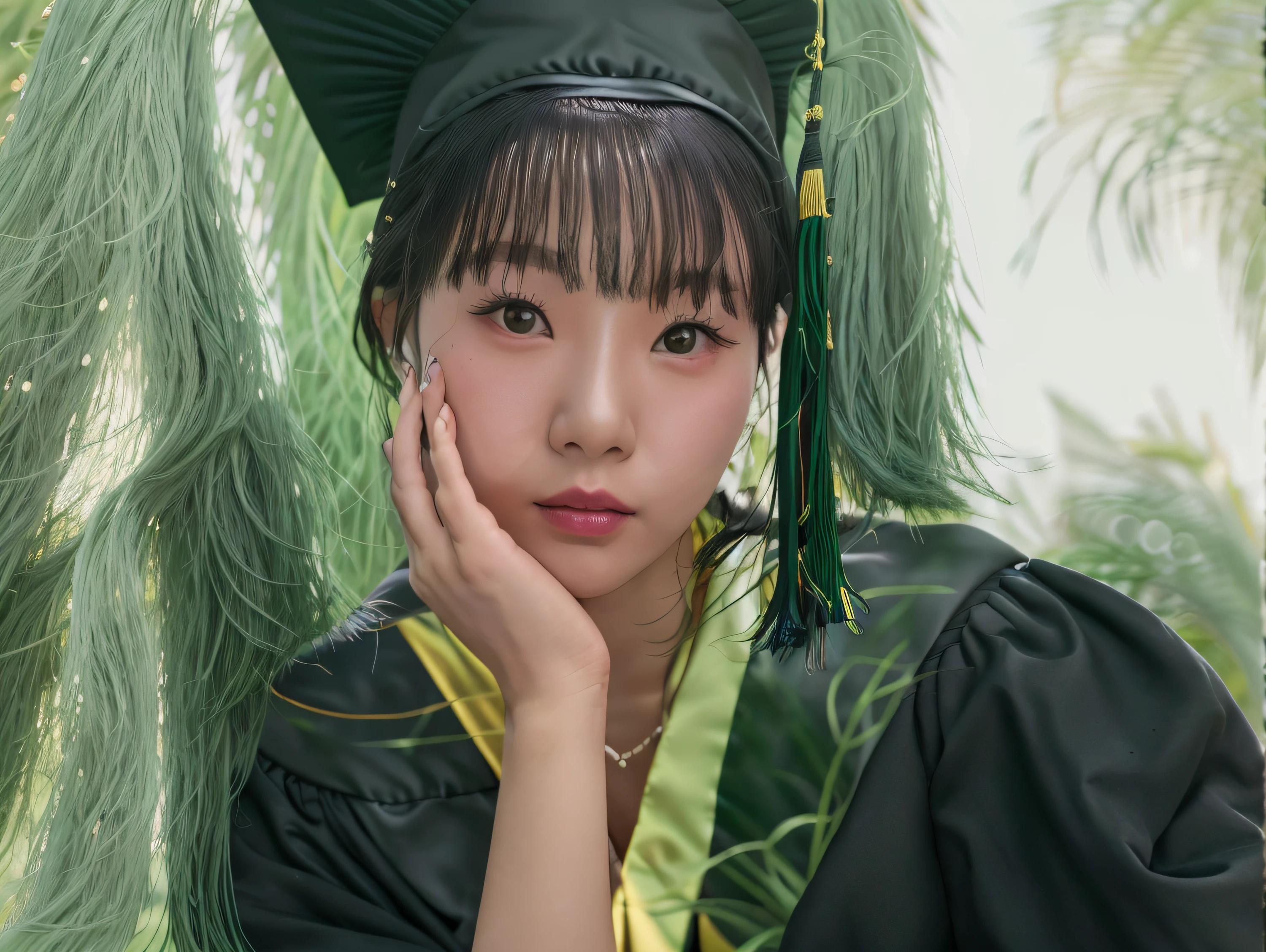 There is a woman wearing a graduation hat and gown posing for a photo, wearing an academic gown, graduation photo, IU, wenfei ye, xintong chen, inspired by Ma Yuanyu, chengyou liu, profile picture 1024px, 8k selfie photograph, Cai Xukun, xision wu, ulzzangs, Yun Ling, Profile picture