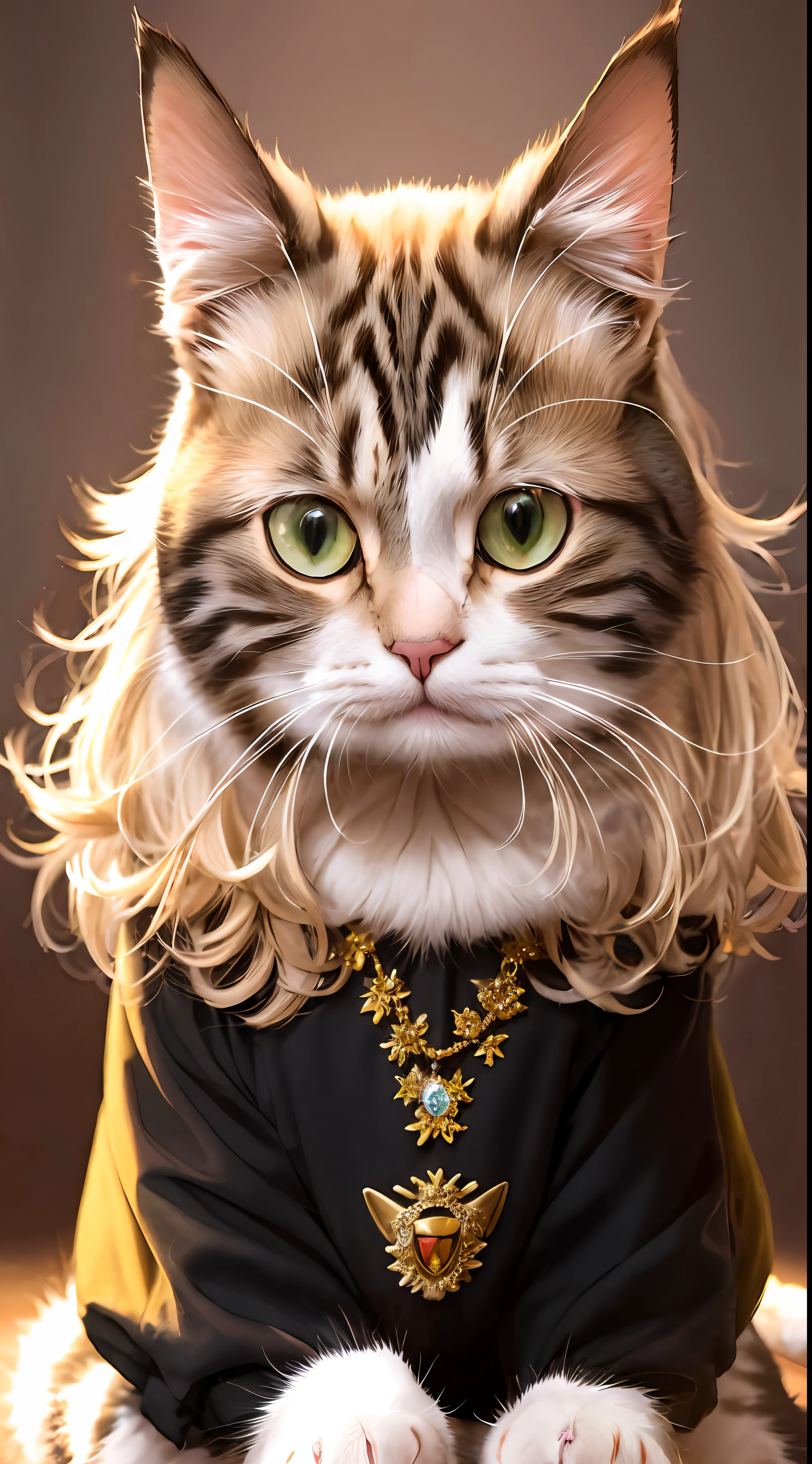 ((a cat in clothes)), fluffy hair, anthropomorphic expressions, rich colors, exquisite details, masterpiece, realistic,2k, 4k, FHD, artsation, cg, realistic, Unreal Engine , real light and shadow, beautiful rich colors, amazing details, masterpiece8k uhd, dslr, soft lighting, high quality, film grain, Fujifilm XT3