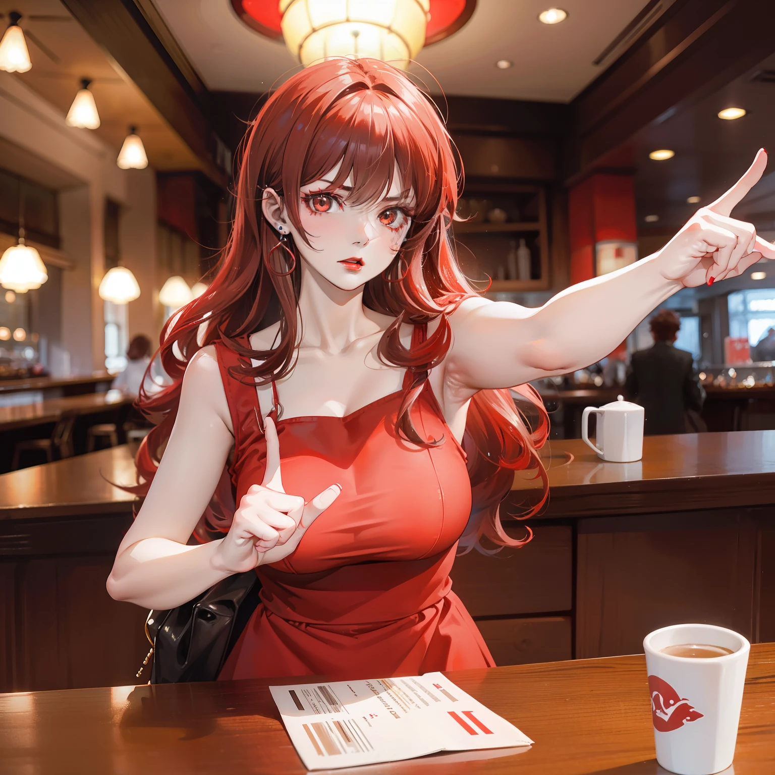 A woman who is,50yearsold,Big wavy reddish-brown long hair,With stud earrings,Red lips,Red slip top,In the café,Very angry to point his finger in front of him and speak