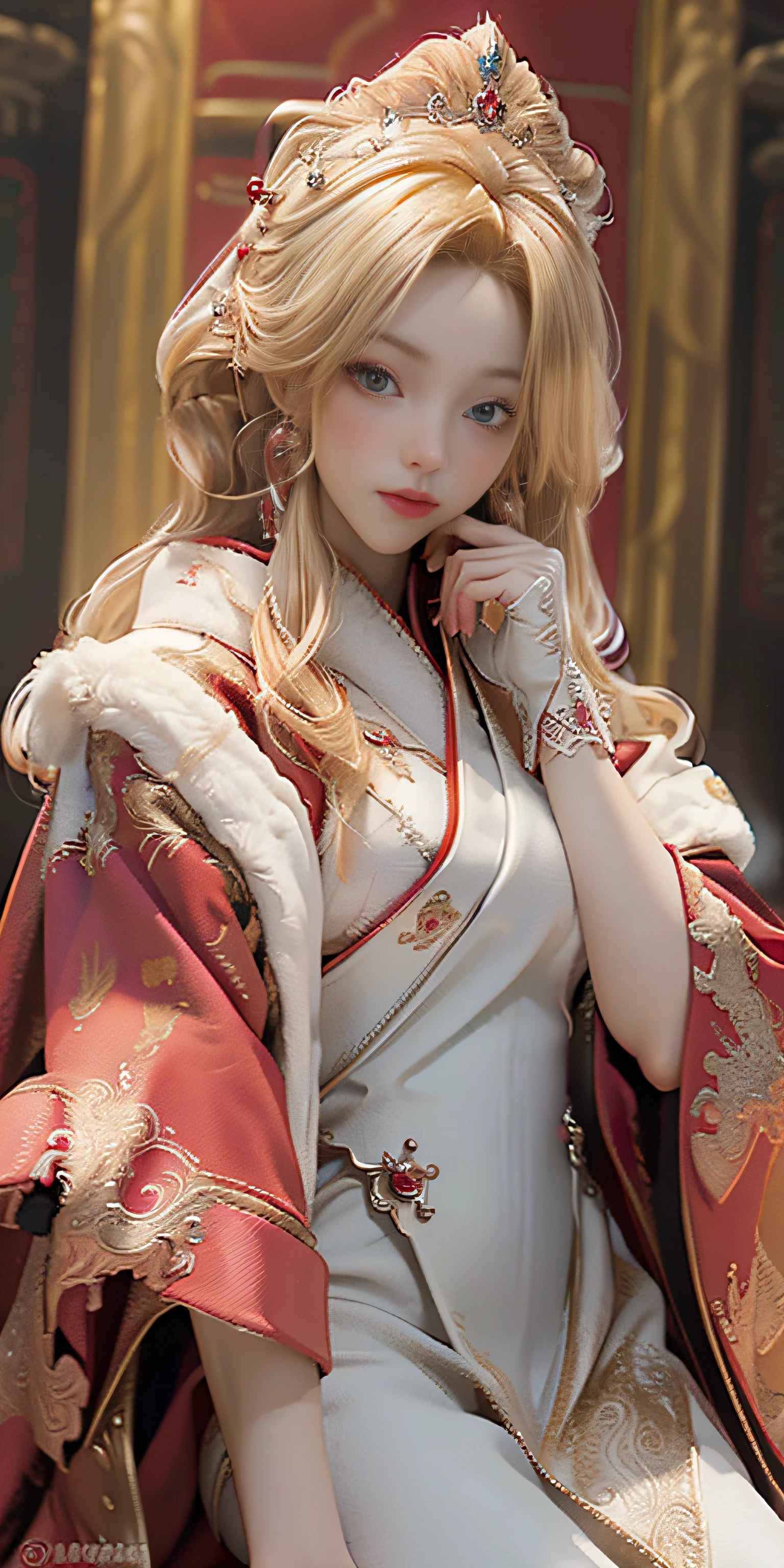 Masterpiece, realistic, realistic: extremely complex, realistic, extremely complex, 1girl, (blonde), crown, red robe, baroque black dress, red cloak, white, cape: fur trim, covering, fur cloak, queen's cloak, forehead, sitting, red eyes, corset, bridal gloves, throne,