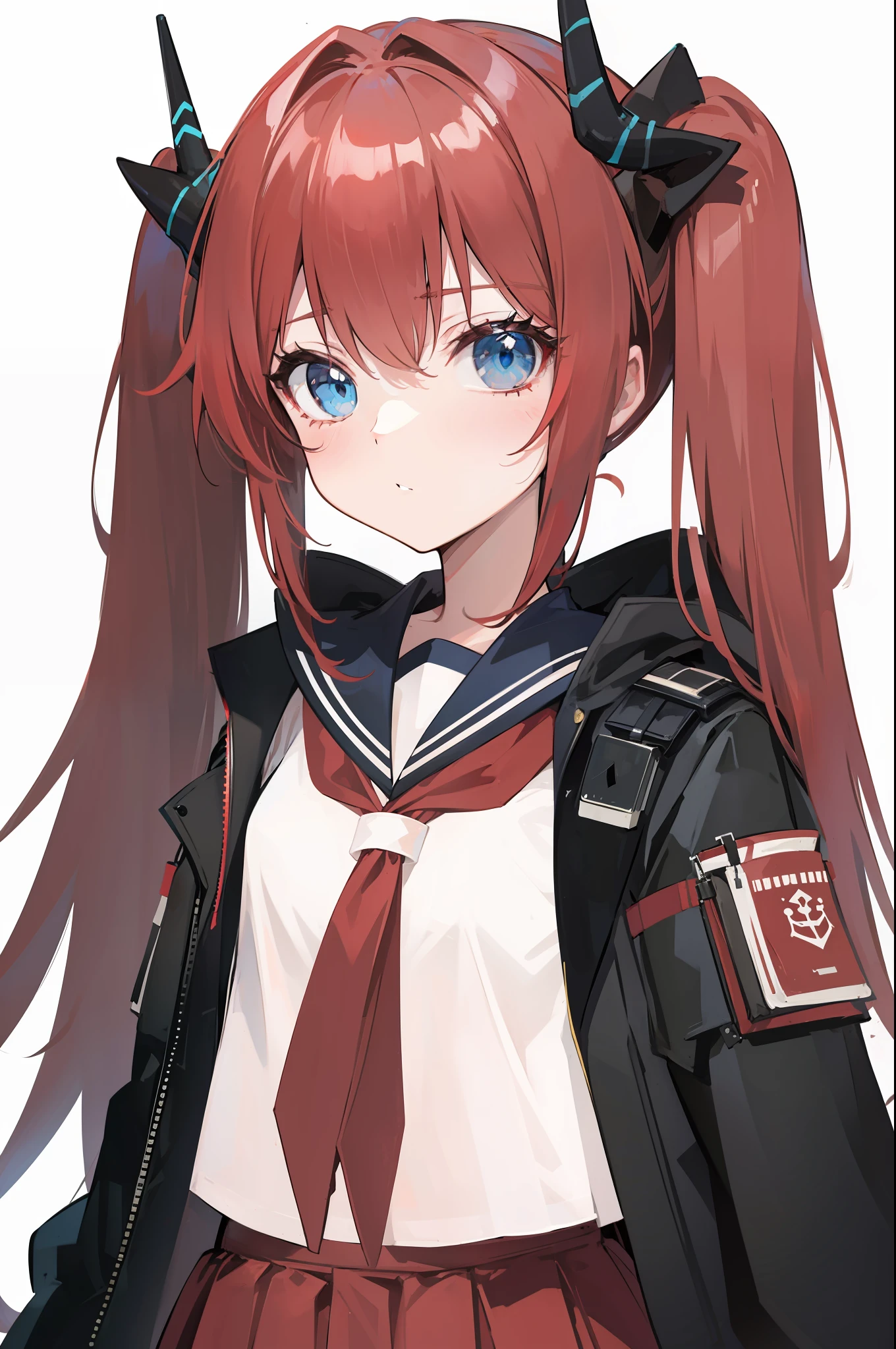 red hair, blue eyes, twintails,Sailor suit,Dragon horns,coat,red Pleated skirt,solo,1girl, arknights, long hair, loli,