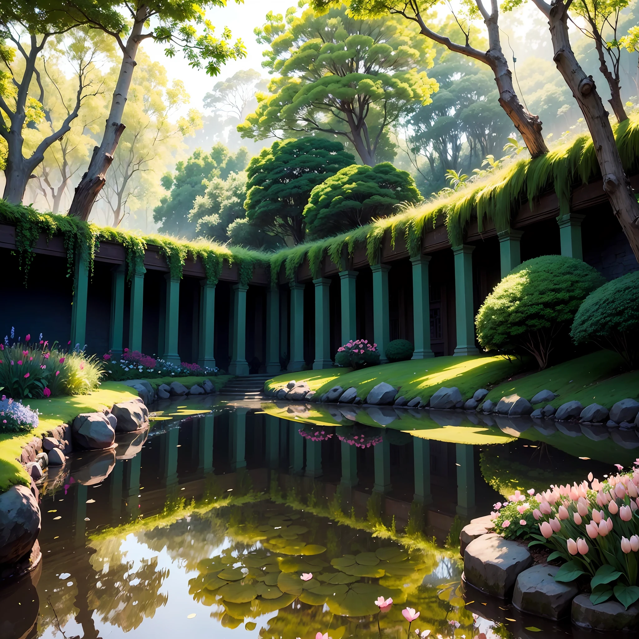 A painting depicting a magical and surreal scene of an enchanted garden, com exuberante, vibrant flowers in full bloom. Use watercolor painting techniques to create smooths, cores difusas, providing a dreamy and ethereal aspect. Flores em tons pastel, como rosas macias, delicate lilies and tulips in soft colors, espalhadas pelo jardim. Borboletas com asas brilhantes e iridescentes, Dancing among the flowers, adicionando um toque de movimento e magia. A majestic tree with lush foliage and vibrant tones, providing shade and a touch of mystery. Rays of the sun filtered by the leaves of trees, creating patterns of light and shadow that enhance the beauty of the environment. Um riacho tranquilo serpenteando pelo jardim, refletindo as cores das flores e trazendo um senso de serenidade. Folhagens detalhadas e texturizadas, capturando a diversidade de formas e tamanhos encontrados na natureza. Borboletas com asas delicadas e detalhes intricados, adding a touch of realism and artistic expression. Adicione um elemento de surpresa, como uma fada escondida nas folhagens ou um pequeno animal curioso explorando o jardim. --auto