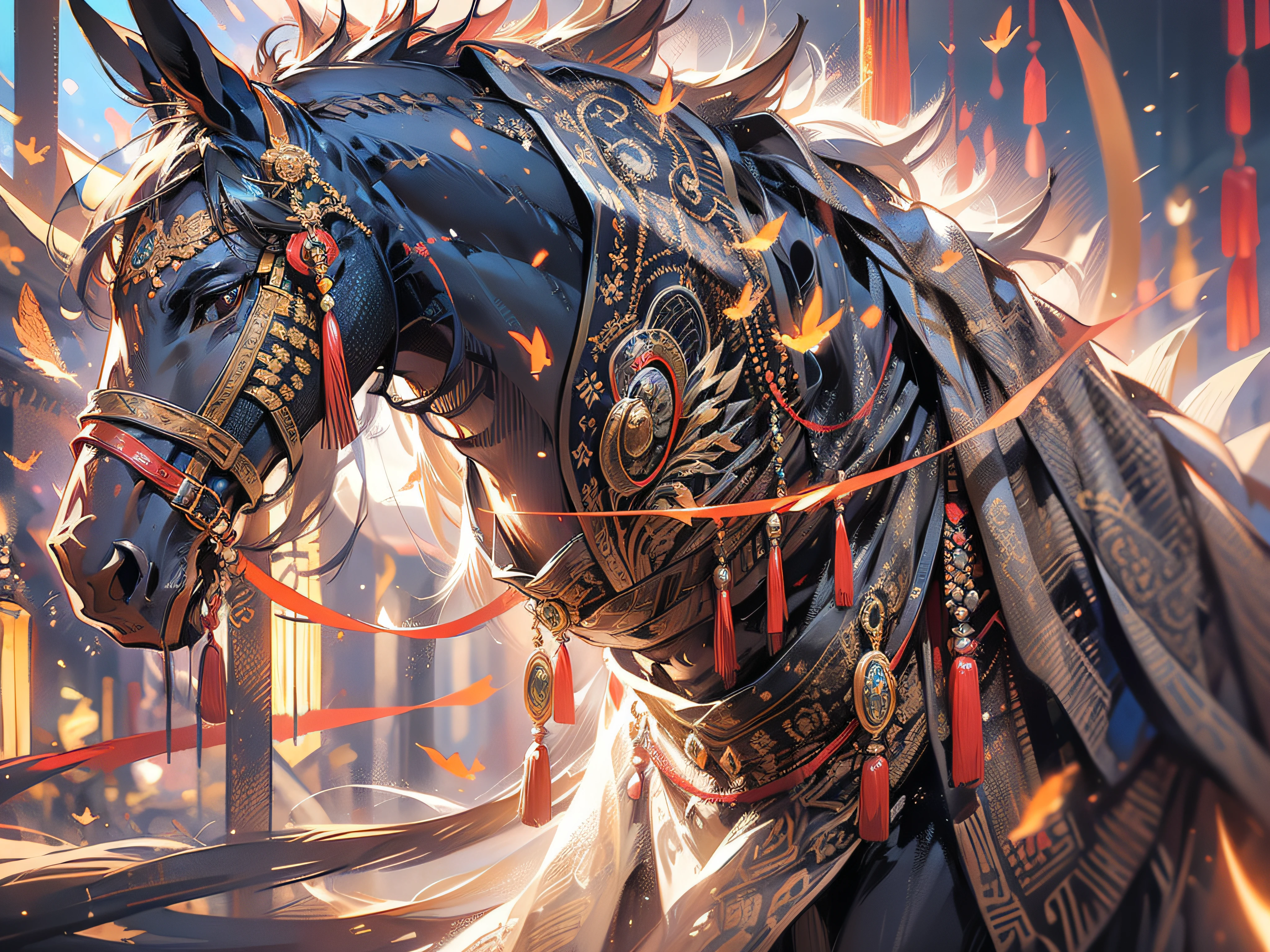 A horse's head appears in the picture,It holds its head high,Show confidence and strength。The horse's eyes are bright and shining,It reveals wisdom and alertness,Its skin is covered with large expanses of dragon scales,Shimmering with gold and green light。These dragon scales are delicate and delicate,As if carved out of precious stones。They are neatly arranged,Form a spectacular decoration,It adds a mysterious and sacred touch to the horse's head。The whole scene is full of power and magic,It makes people feel different。