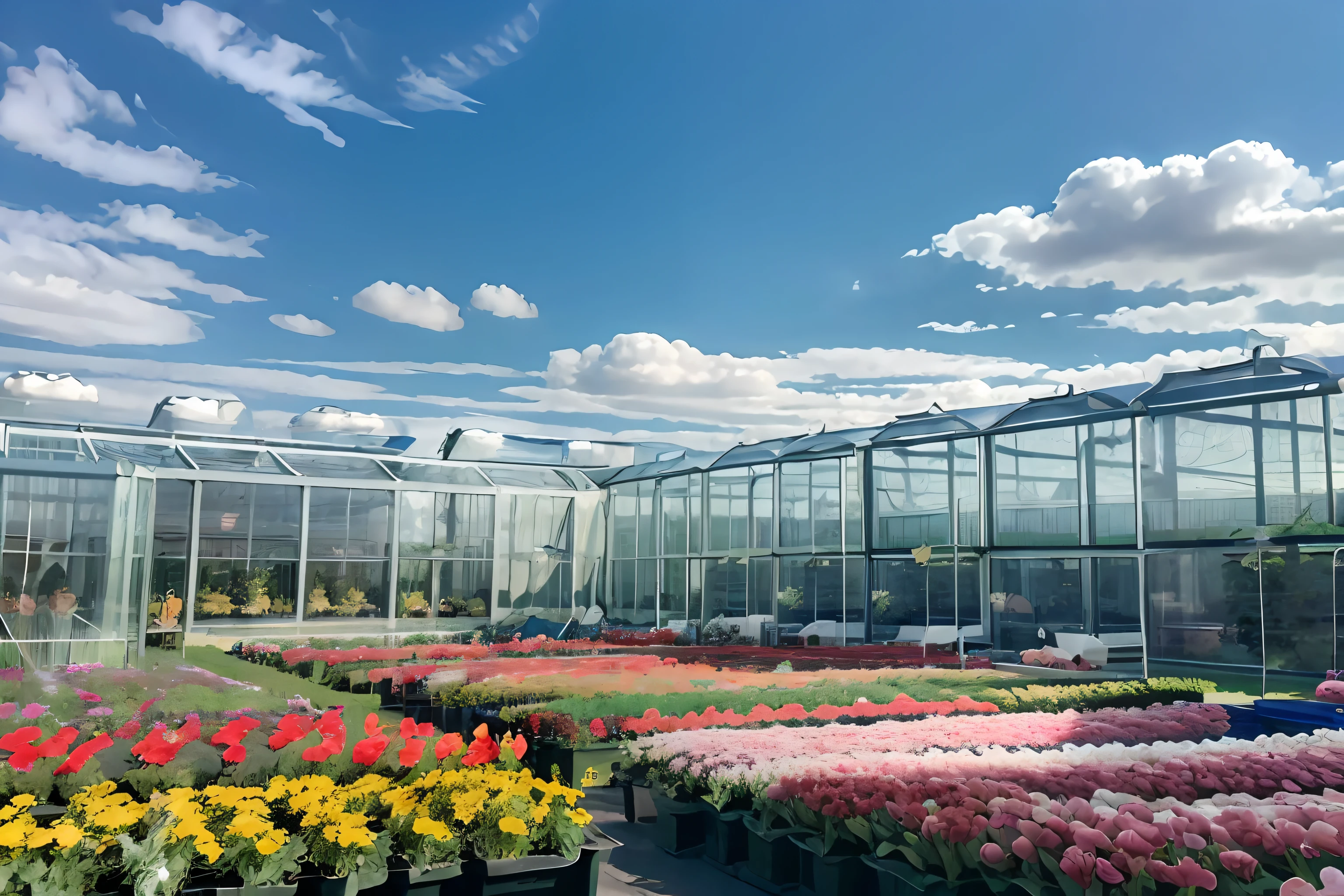 AI greenhouse ,Grandiose spectacle, Scenes, Live photos, 8K, Kodak, shutter inventory, Blue sky and white clouds, Floriculture