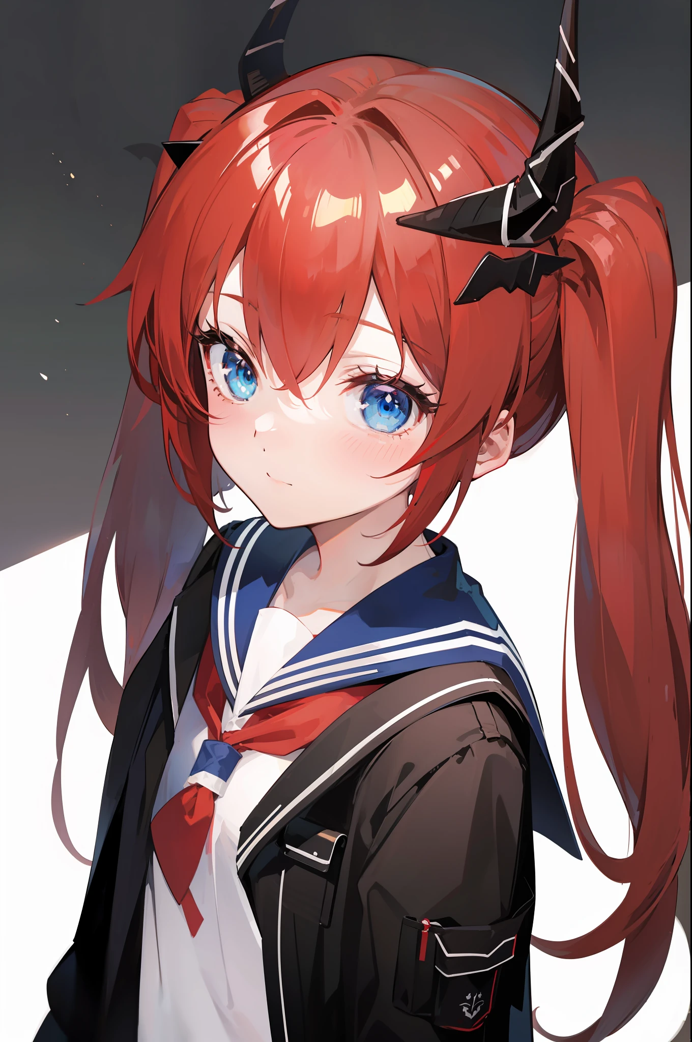 red hair, blue eyes, twintails,Sailor suit,Dragon horns,coat,red Pleated skirt,solo,1girl, arknights, long hair, ,
