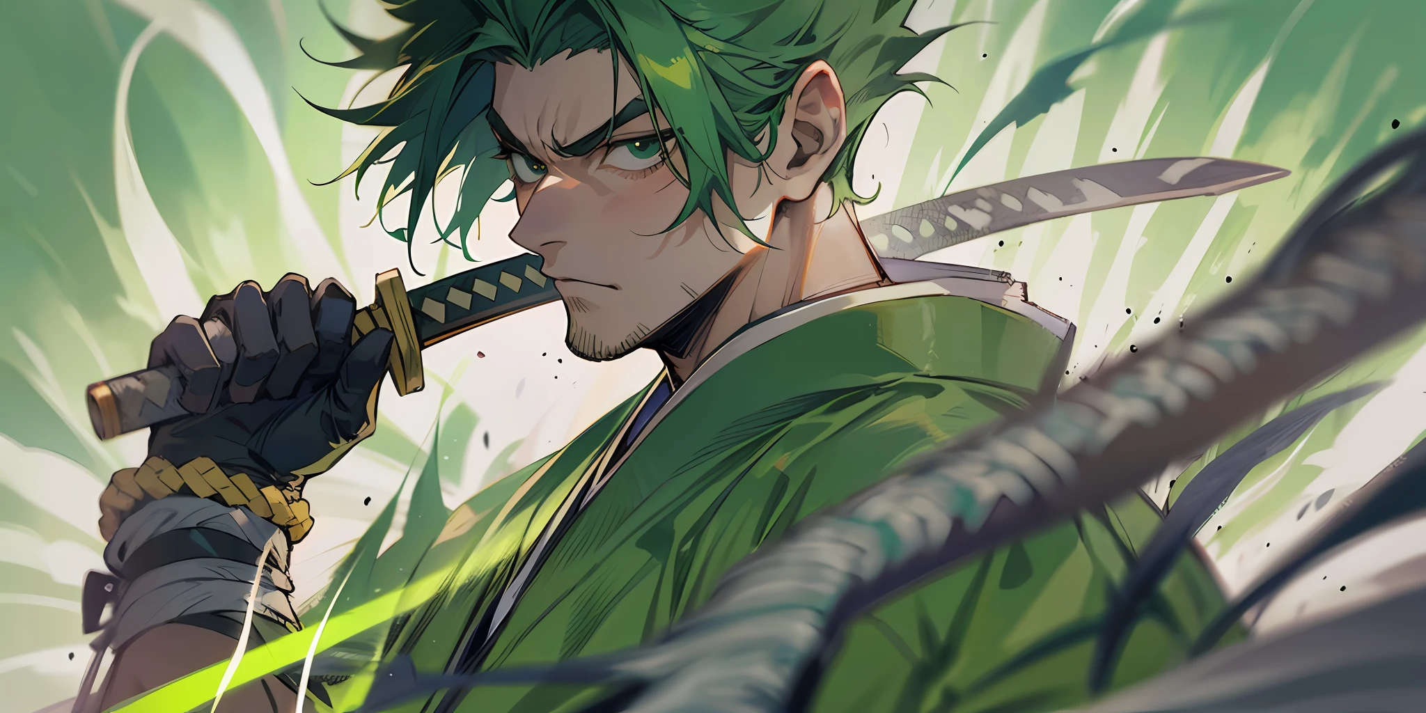 An adult man in a green samurai costume,Short hair, green hairstyle,Armed with three Japanese katanasana,Under soft light,Top-down view,There was smoke all around。The blade flashes with light and shadow。
