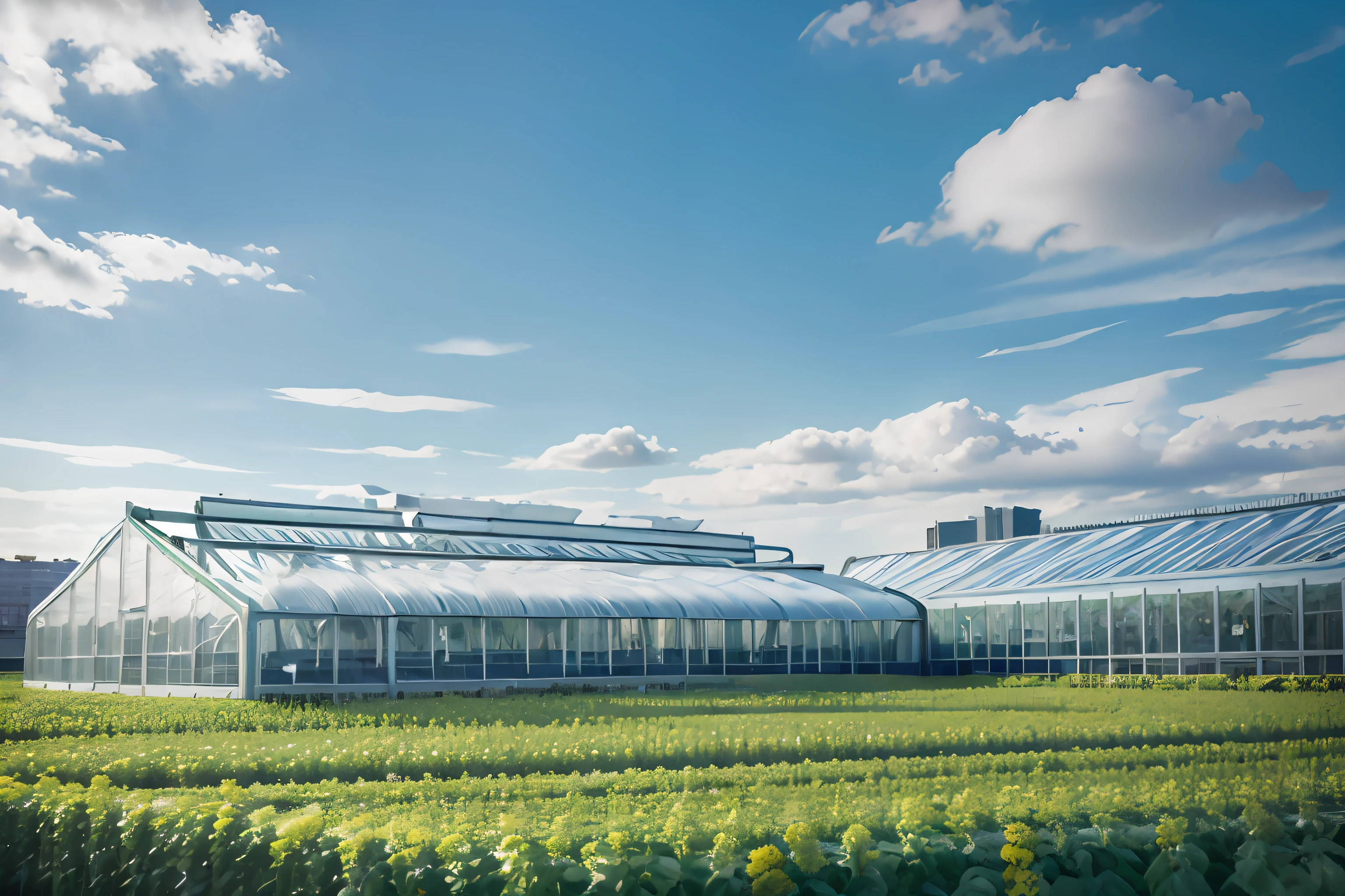 AI greenhouse ,Grandiose spectacle, Scenes, Live photos, 8K, Kodak, shutter inventory, Blue sky and white clouds, Floriculture