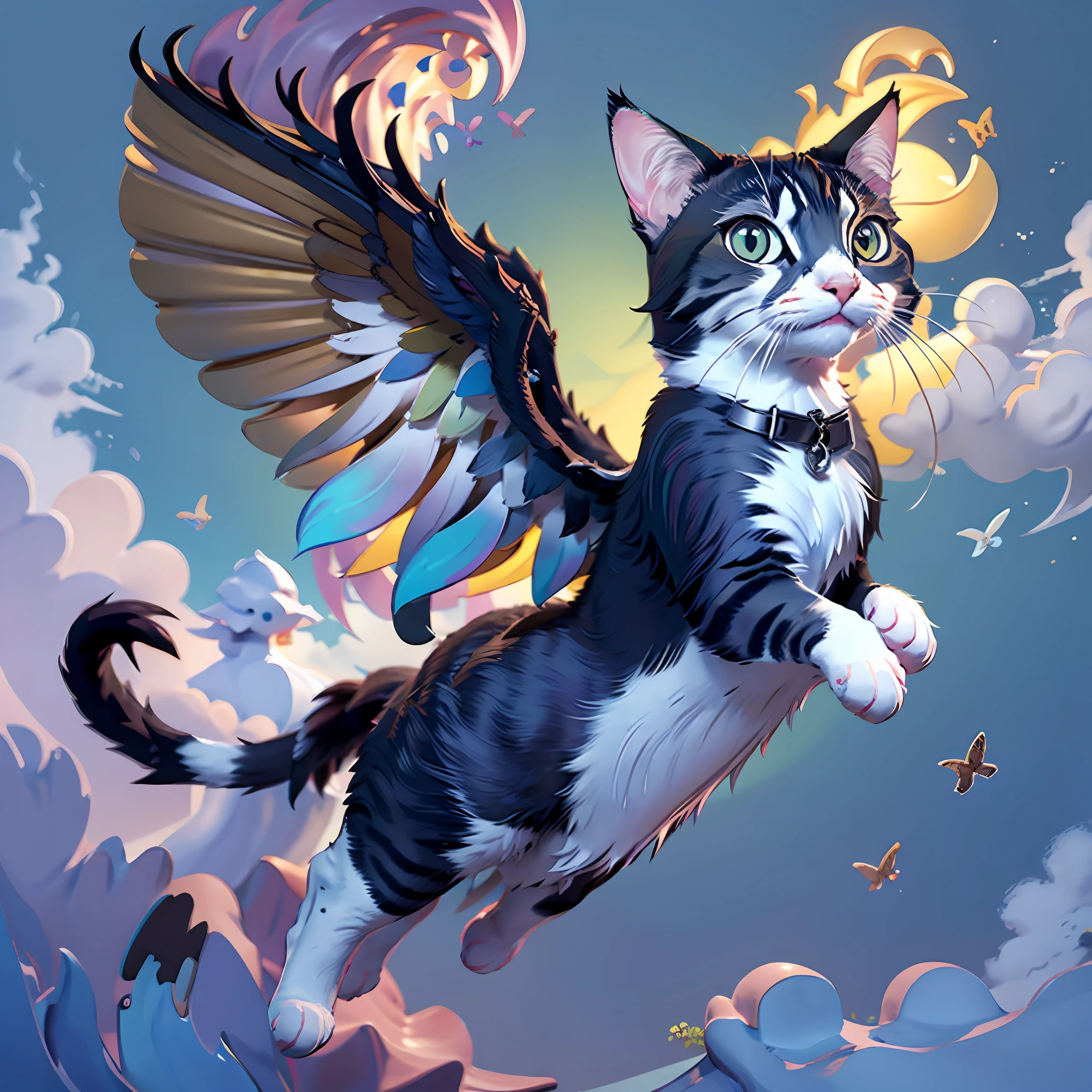A cat with wings on its back flies in the sky