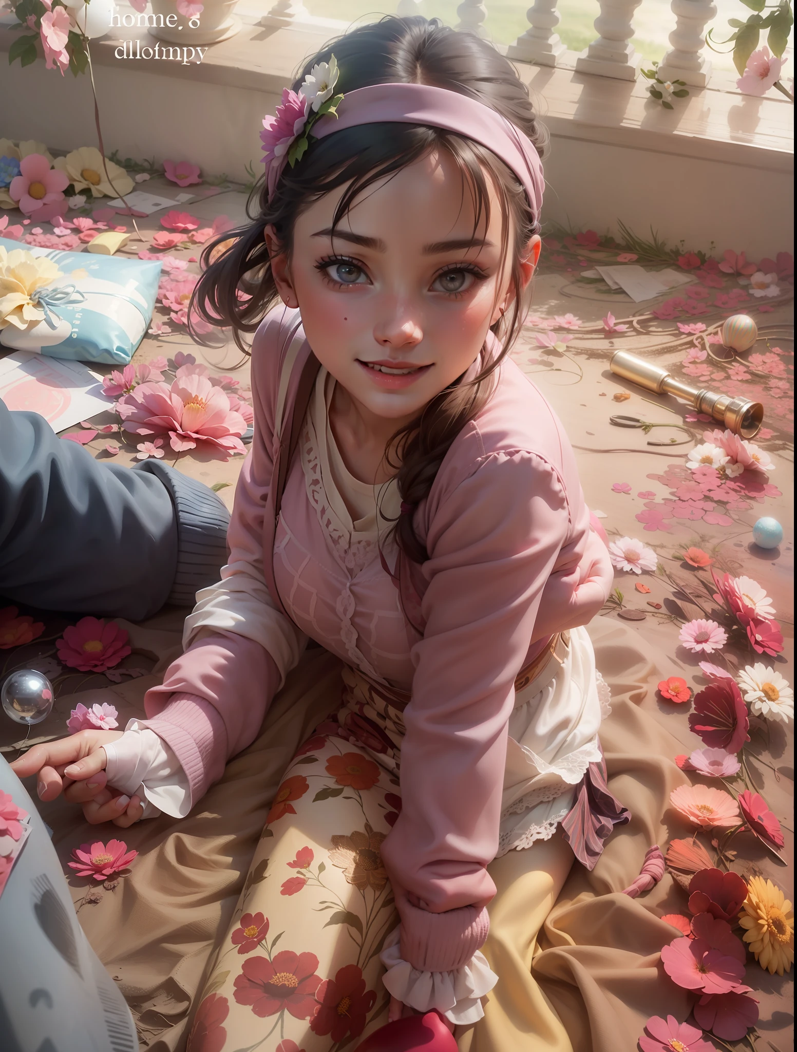 A girl holding flowers, colorful balloons floating in the sky, meadow, dancing, holding flowers, happy, happy, perfect quality, clear focus (clutter-home: 0.8), (masterpiece: 1.2) (Realistic: 1.2) (Bokeh) (Best quality) (Detailed skin: 1.3) (Intricate details) (8K) (Detail Eyes) (Sharp Focus), (Happy)