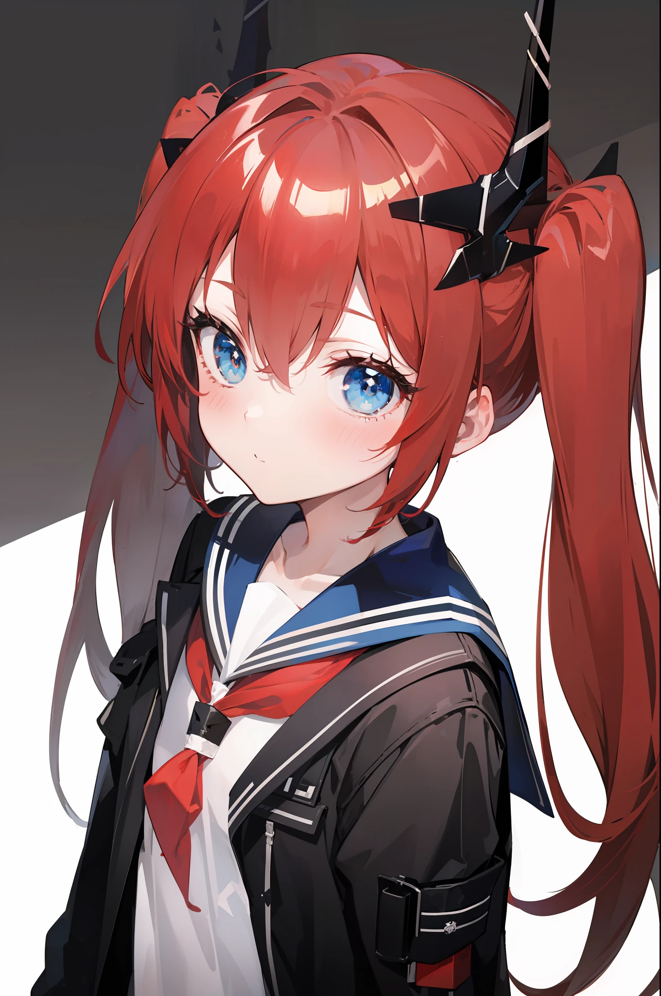 red hair, blue eyes, twintails,Sailor suit,Dragon horns,coat,red Pleated skirt,solo,1girl, arknights, long hair, loli,