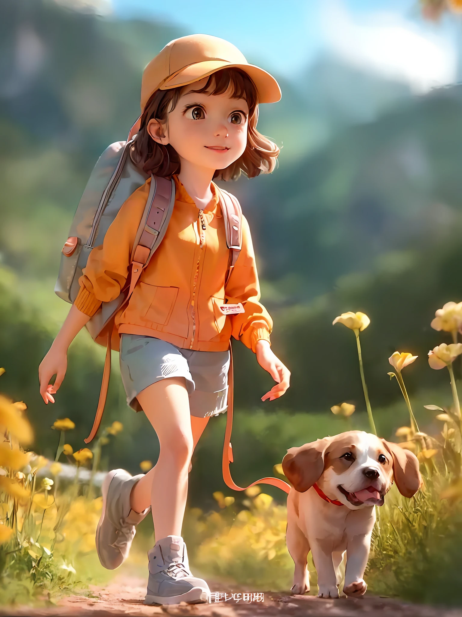 Prompt: An incredibly charming  carrying a backpack, accompanied by her adorable puppy, enjoying a lovely spring outing surrounded by beautiful yellow flowers and natural scenery. The illustration is in high definition at 4k resolution, with highly-detailed facial features and cartoon-style visuals.