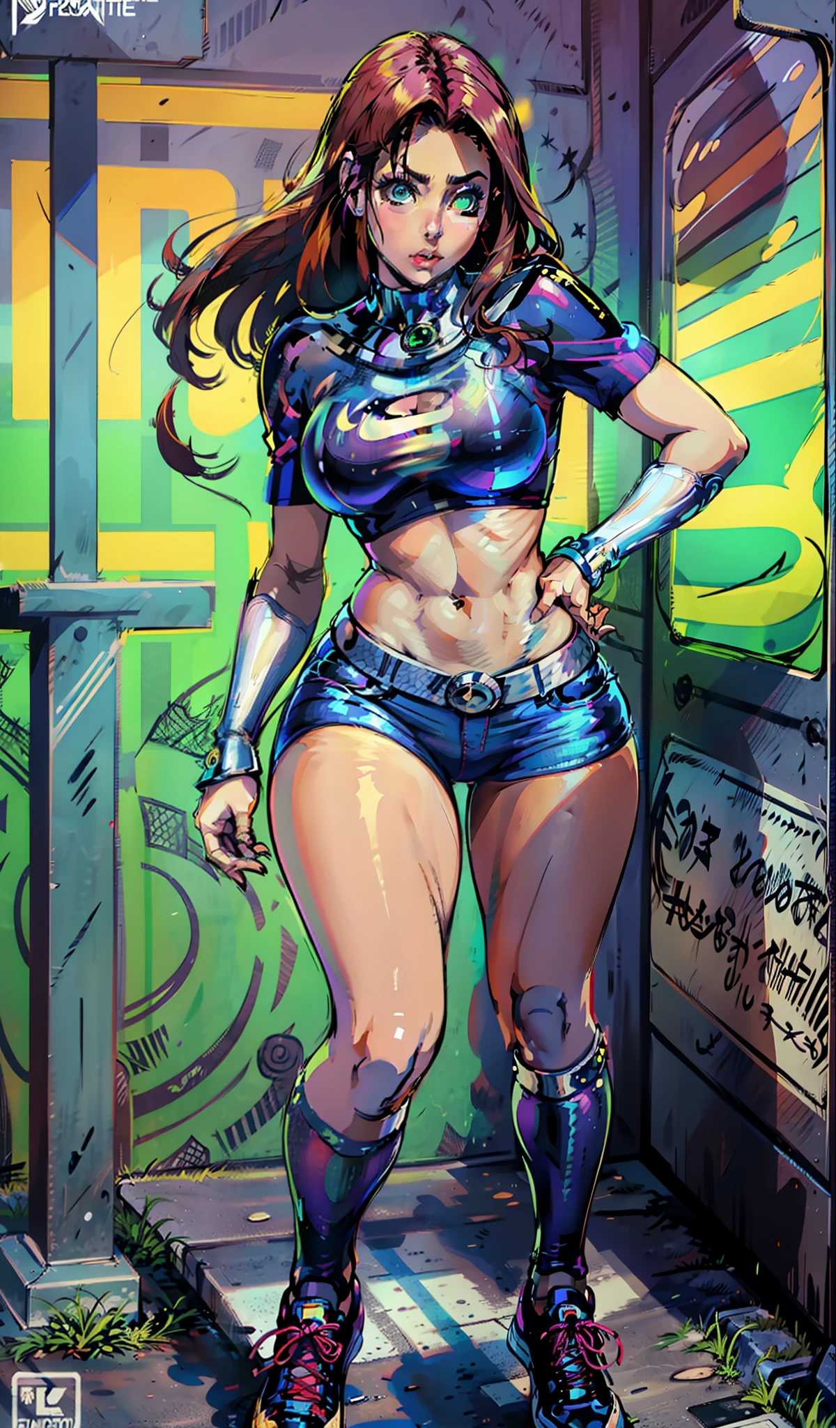 Starfire, muito sensual, com roupas de funkeira, brasileira, na cidade do rio de janeiro, Brasil, dancing funk, rebolando, bunda grande, pernas grossas, usando um short jeans extremamente curto, usando uma mini blusa, umbigo com pirsing, sneakers Nike, cabelo comprido, Speaker behind, corpo inteiro, muito realista, extremamente sexy, 8k, 8k extremamente detalhado), (um extremamente delicado e bonito), (obra-prima), (melhor qualidade: 1.0), (ultra highres:1.0)