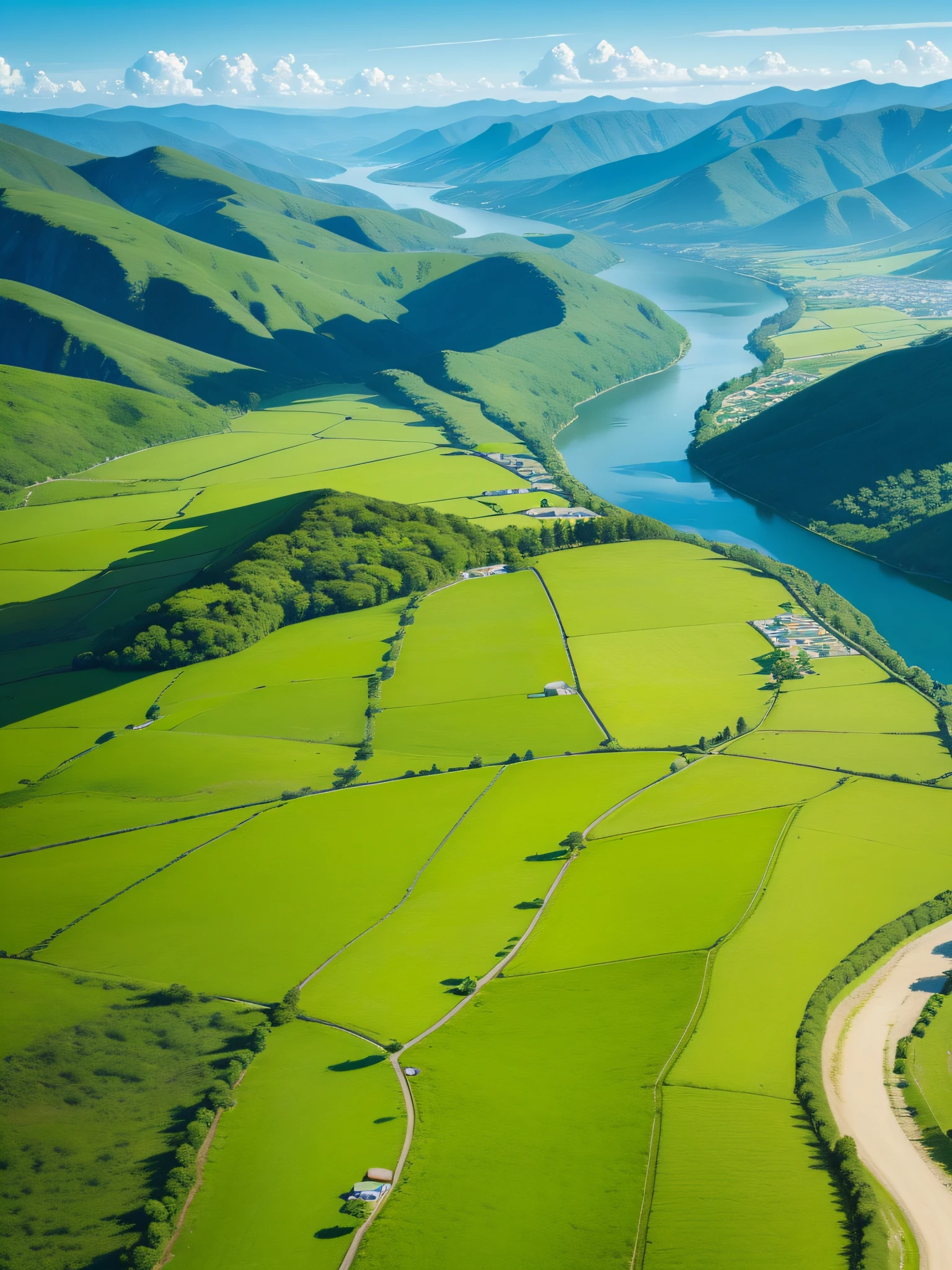 Distant scenery，Green mountains，clear blue skies，Flocks of birds flew in the sky，There are butterflies all around，Small river around，tussock，There are flowers on the ground，a warm color palette