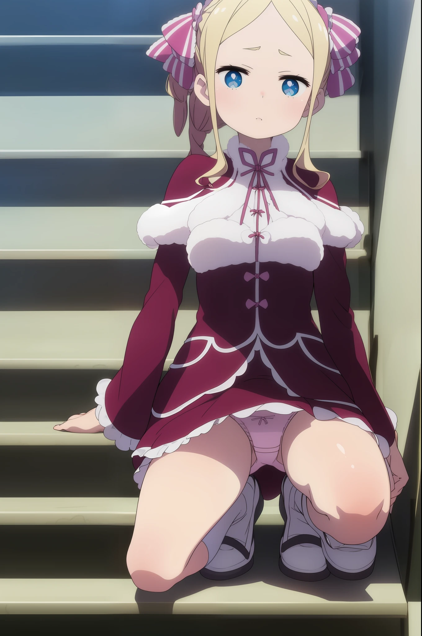 cotton panties、Sit on the stairs、(bends his knees，spread their legs)