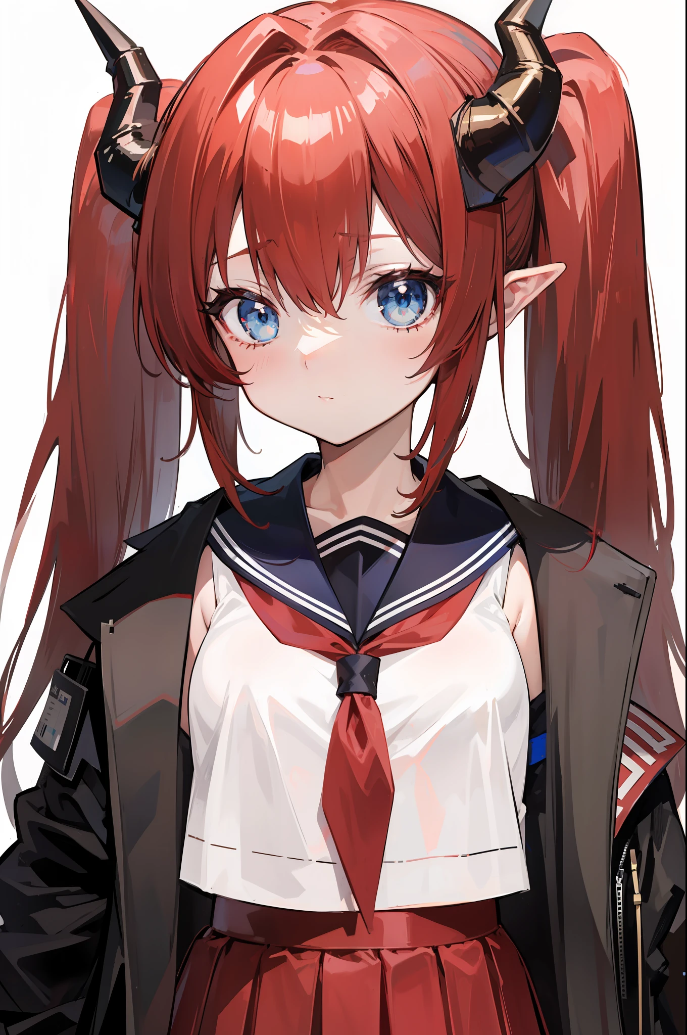 red hair, blue eyes, twintails,Sailor suit,Dragon horns,coat,red Pleated skirt,solo,1girl, arknights, long hair, ,