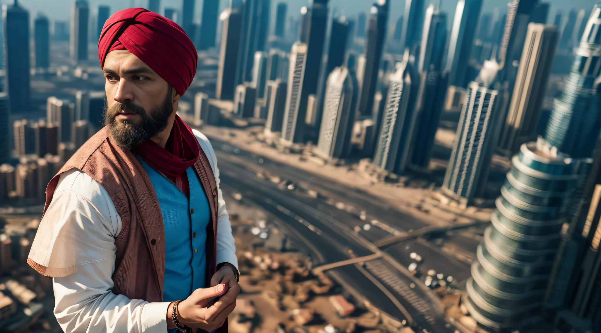 Good-looking man, young, middle aged, 40 years old, serene and charismatic look, with beard and white tunínca with soft blue details ,sem turbante , em uma varanda, majestosa obra-prima, Cinebiografia, 4 k filme ainda, filme ainda 8K, ainda do filme, inspirado em Osman Hamdi Bey, ainda de um filme, programa de tv ainda, imagem promocional do filme, homem bonito, obra-prima obra de arte, Sergey Zabelin, vestido com uma vestidura branca. imagem ao fundo com nevoeiro e poeira, uma cidade de dubai futurista ao fundo... muito realista. clima majestoso obra prima.