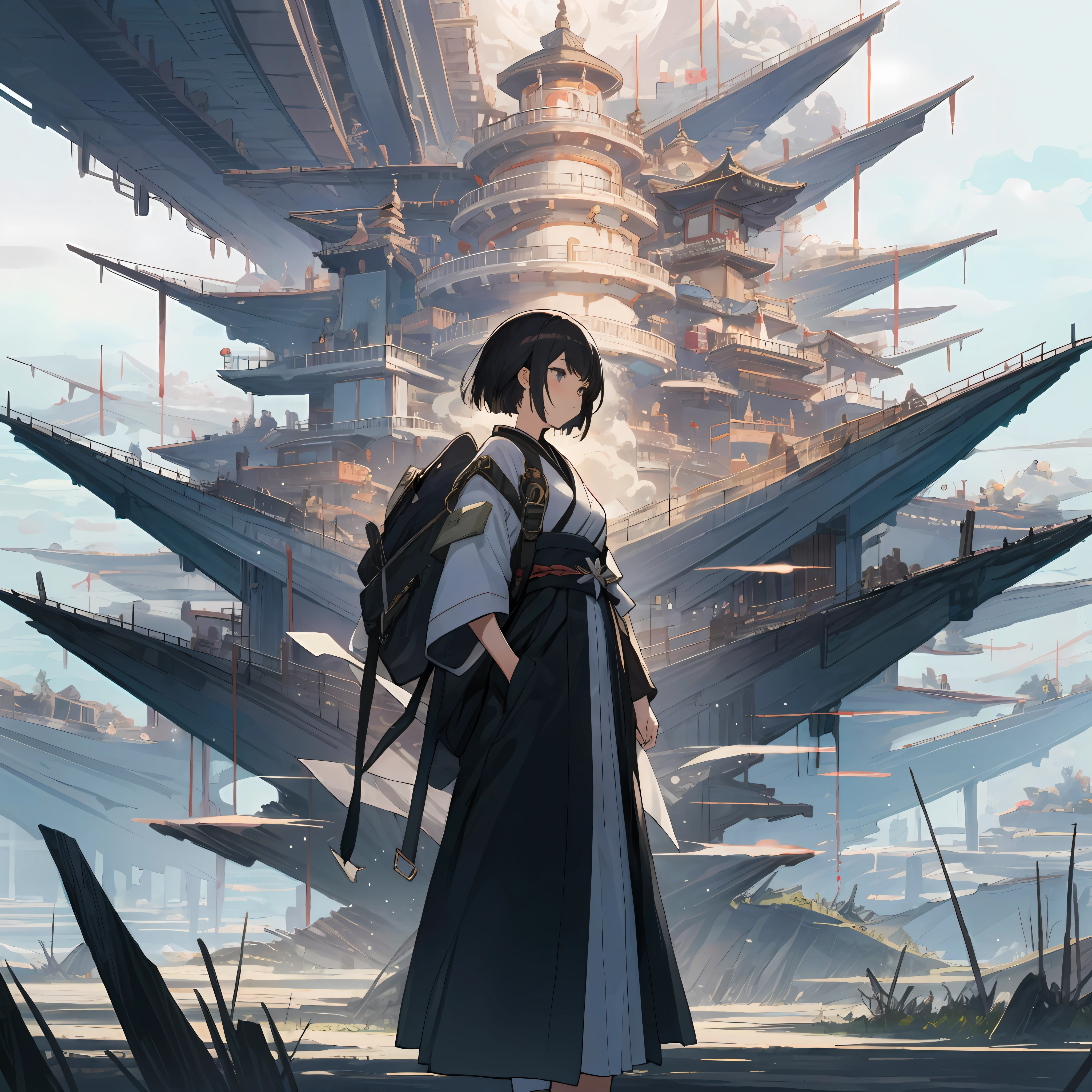a woman standing in front of a giant building, psytrance artwork, light novel cover art, intricate and complex, dreamland, inspired by Maruyama Ōkyo, expansive detailed layered city, an young urban explorer woman