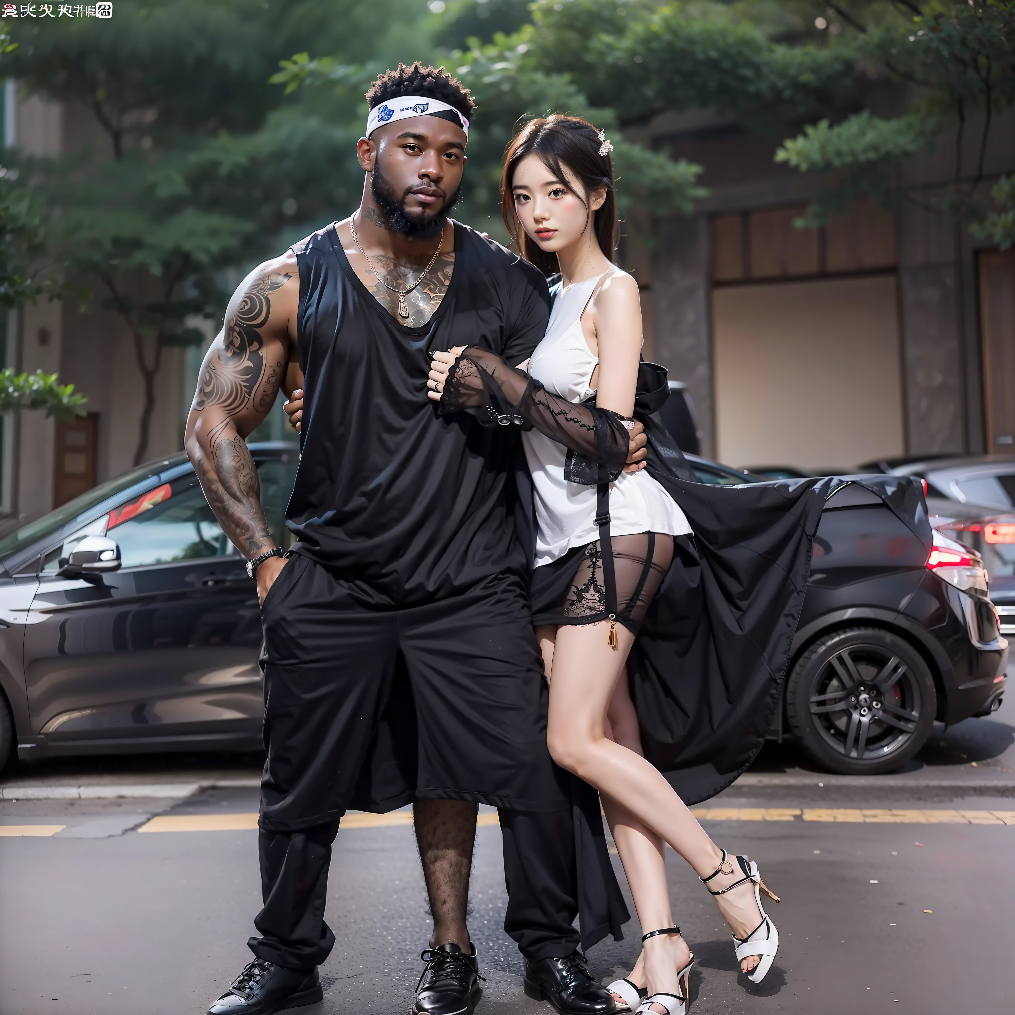 Real photos，There are 2 people in the photo，1 cute 18 year old Chinese girl，1 strong black man，They are close，Black man with his arm around Chinese girl，Chinese girls dress sexy