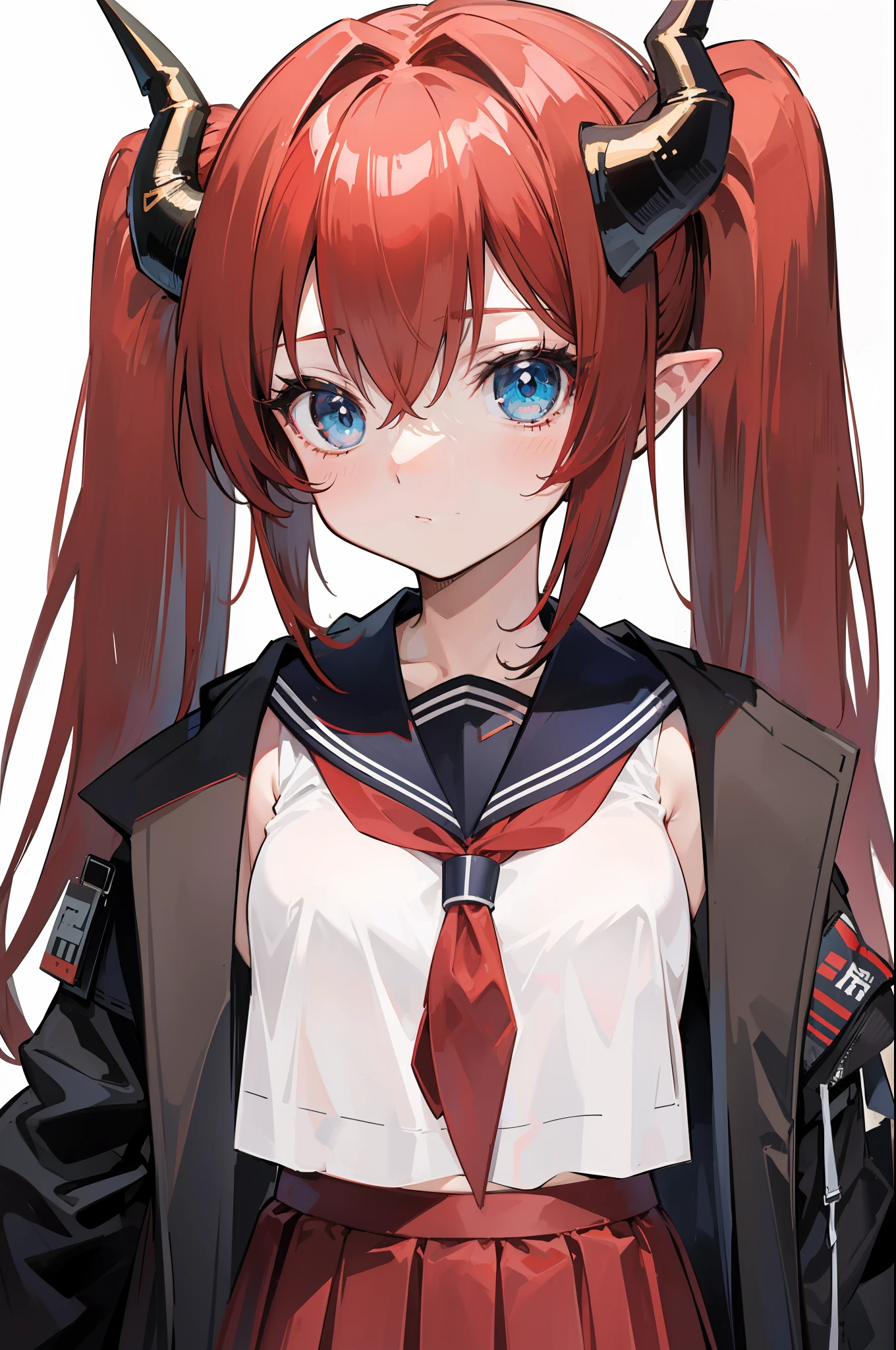 red hair, blue eyes, twintails,Sailor suit,Dragon horns,coat,red Pleated skirt,solo,1girl, arknights, long hair, loli,