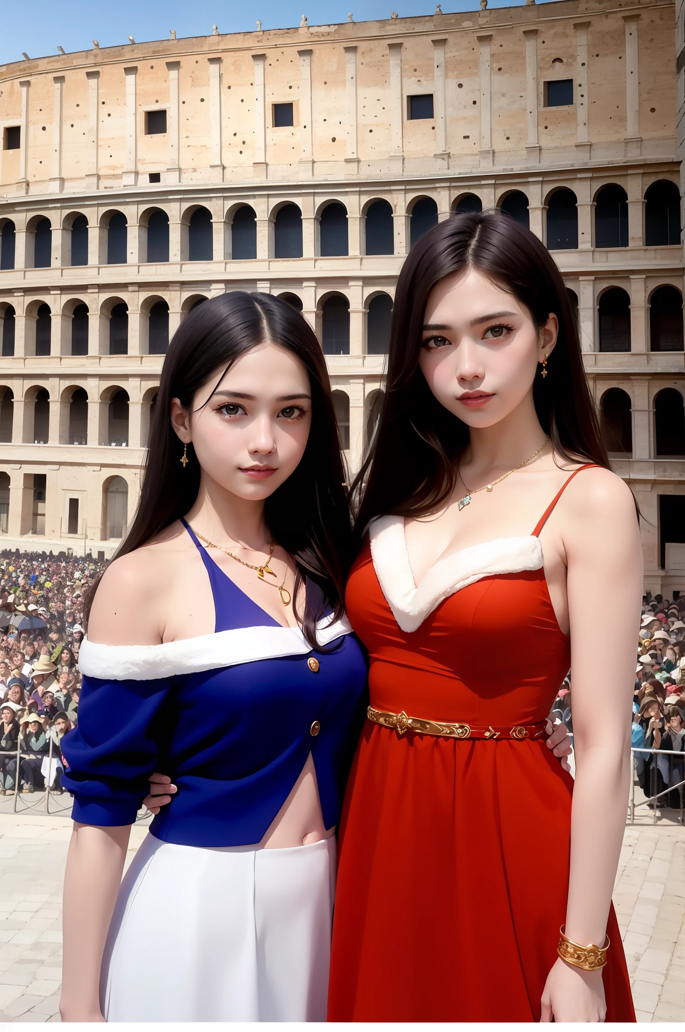 masterpiece, 4K, best quality, FELute, necklace, purple dress, (on the St. Peter's Square of Vatican,crowd,navel),bracers, cowboy shot, looking at viewer, smirk, hand up