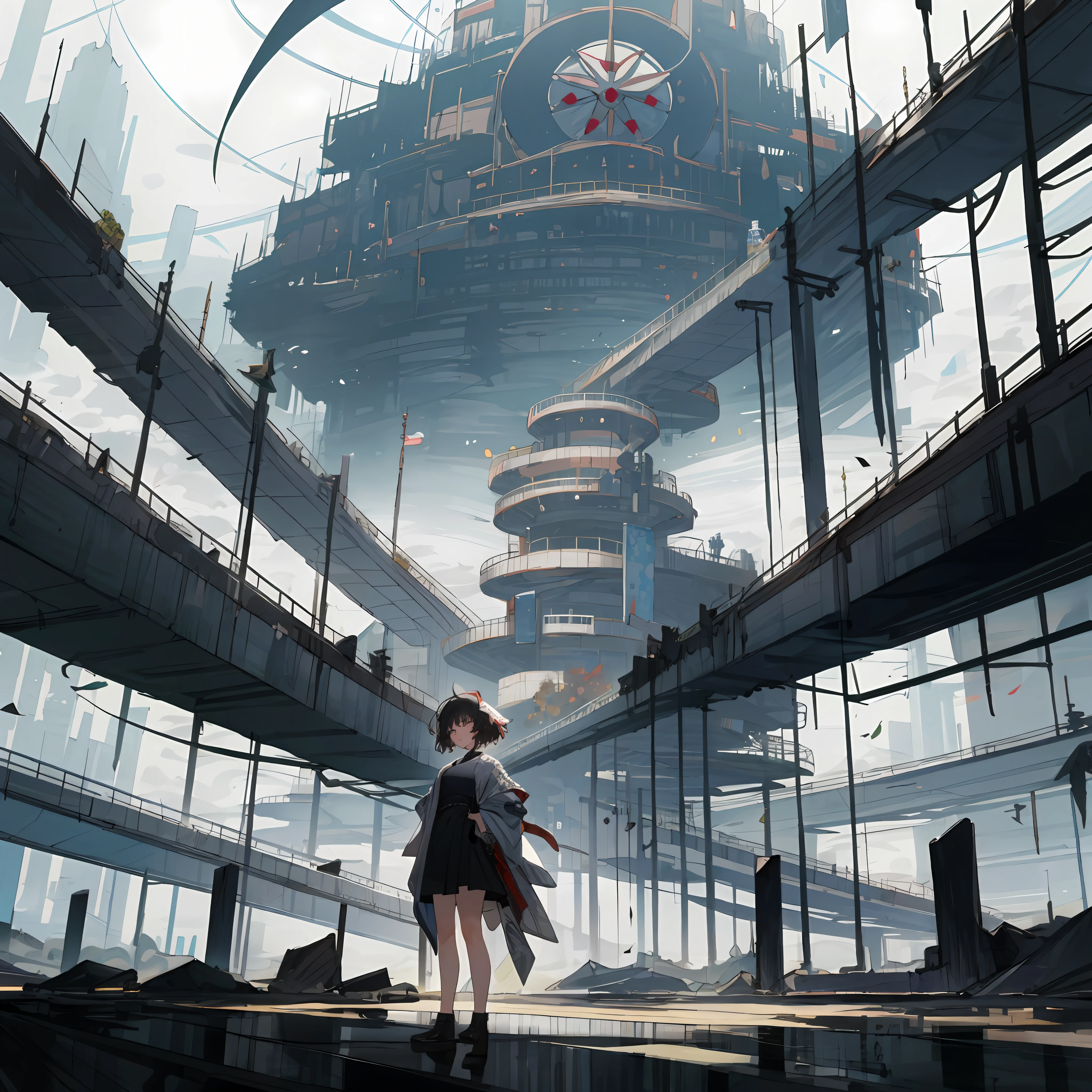 a woman standing in front of a giant building, psytrance artwork, light novel cover art, intricate and complex, dreamland, inspired by Maruyama Ōkyo, expansive detailed layered city, an young urban explorer woman