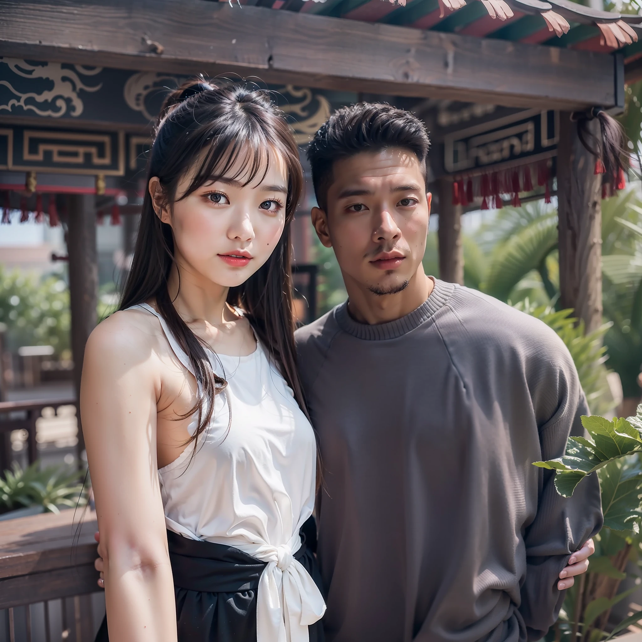 Real photos,There are 2 people in the photo,1 cute 18 year old Chinese girl,1 strong white man,They are close,Black man with his arm around Chinese girl,Chinese girls dress sexy