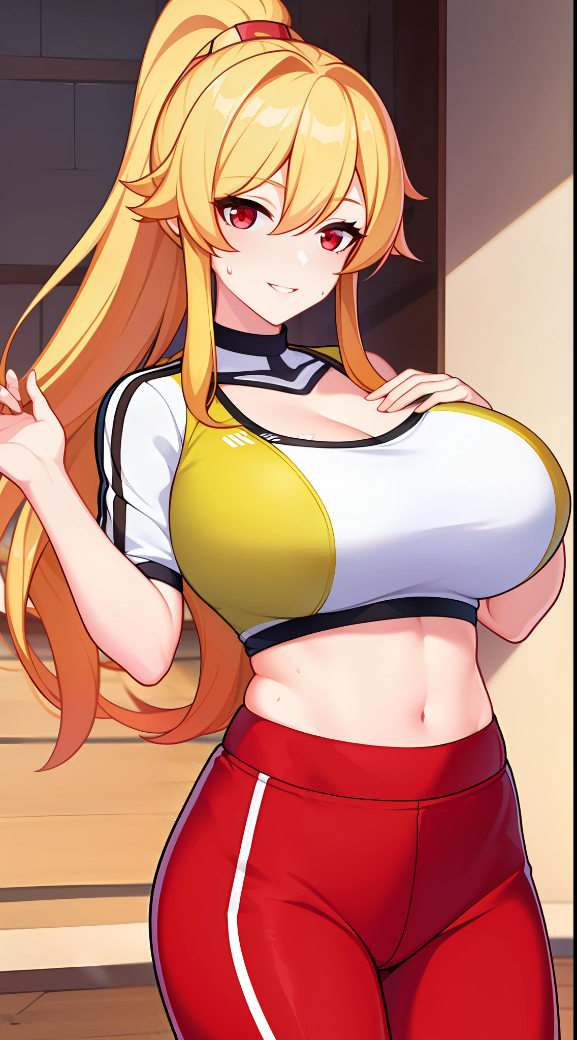 young girl, longue blonde hair, red-eyes, high ponytail, Sporty top, sweatpants, open belly, , neckline on the , ssmile, Masterpiece, hiquality