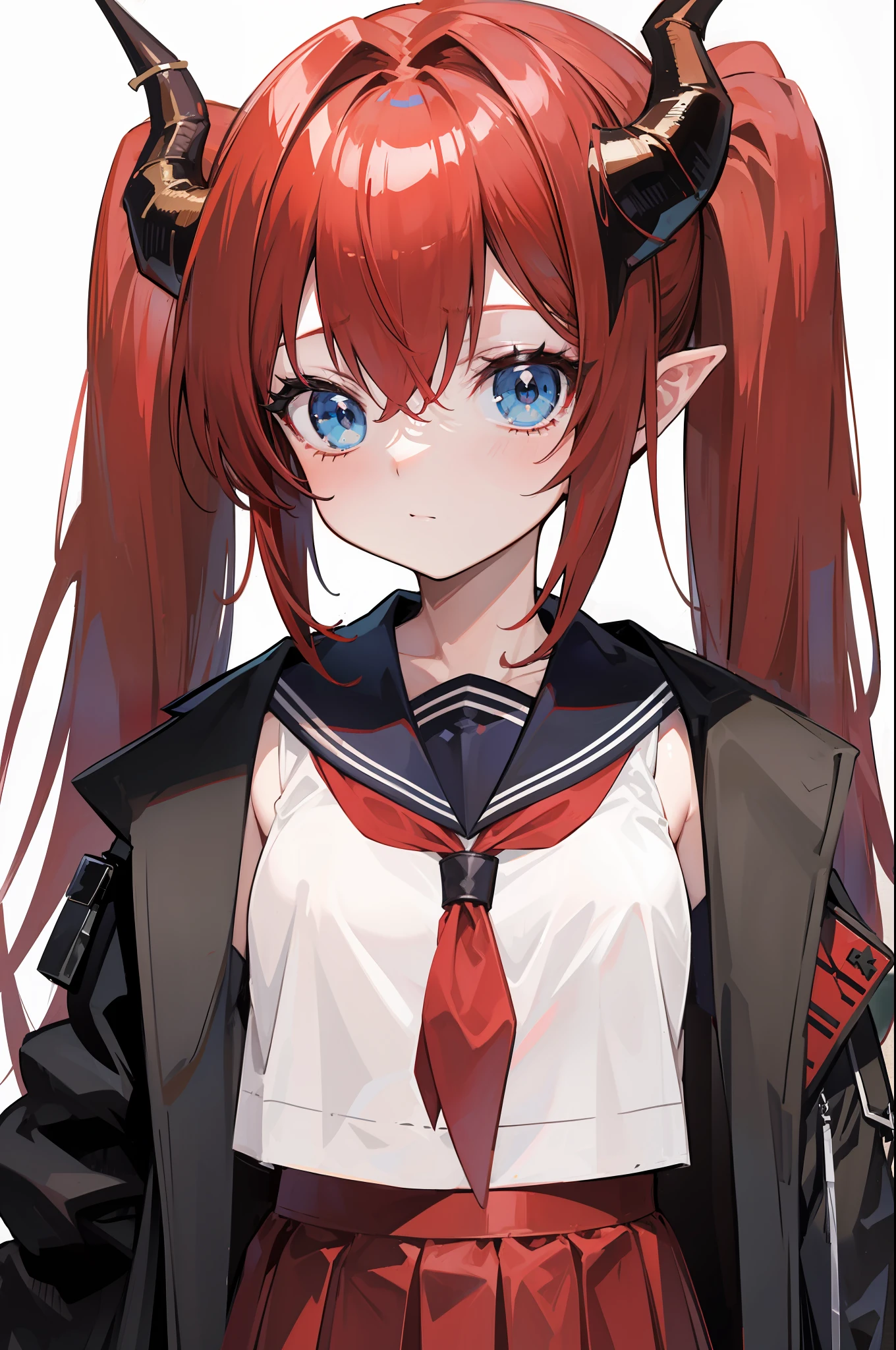 red hair, blue eyes, twintails,Sailor suit,Dragon horns,coat,red Pleated skirt,solo,1girl, arknights, long hair, loli,
