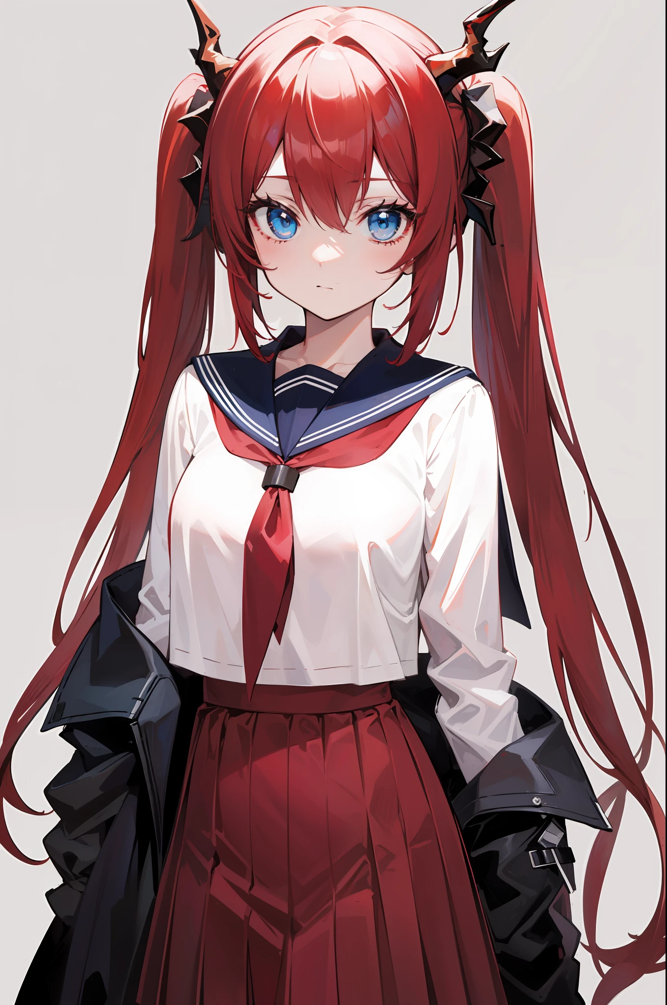 red hair, blue eyes, twintails,Sailor suit,Dragon horns,coat,red Pleated skirt,solo,1girl, arknights, long hair, loli,