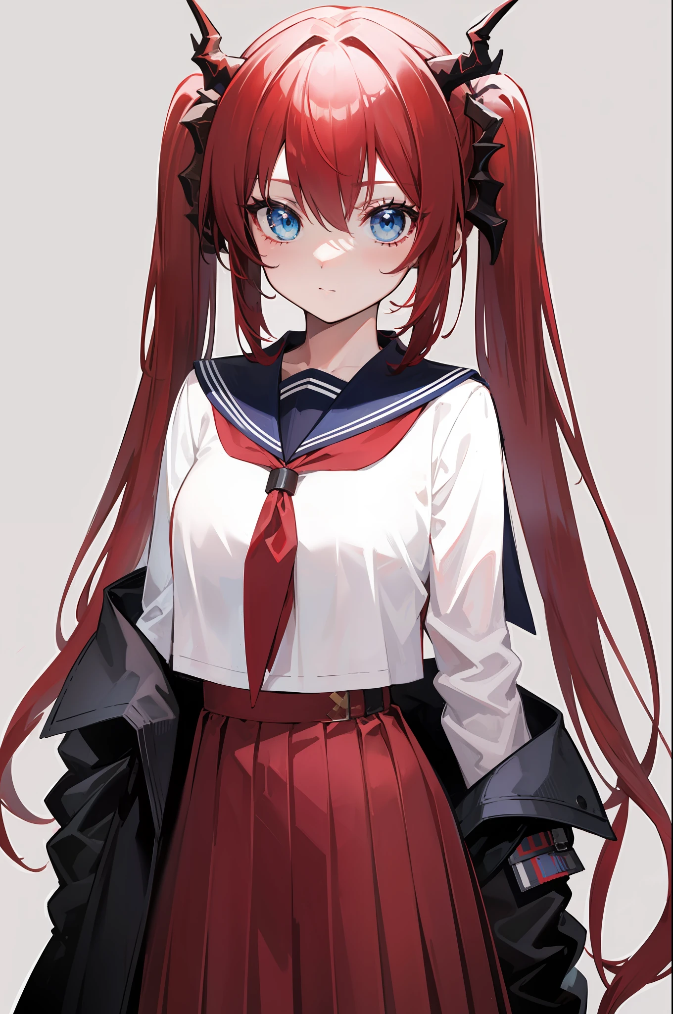 red hair, blue eyes, twintails,Sailor suit,Dragon horns,coat,red Pleated skirt,solo,1girl, arknights, long hair, ,