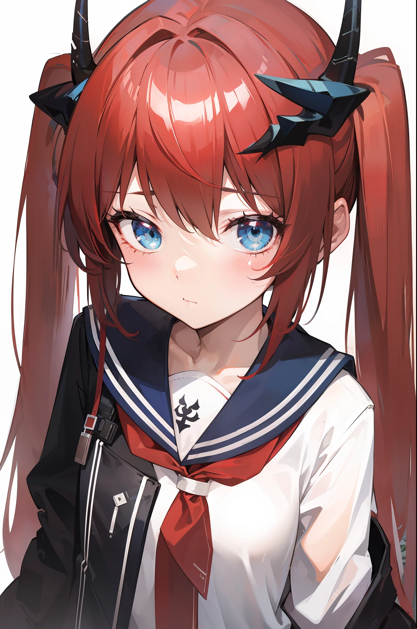 red hair, blue eyes, twintails,Sailor suit,Dragon horns,coat,red Pleated skirt,solo,1girl, arknights, long hair, loli,
