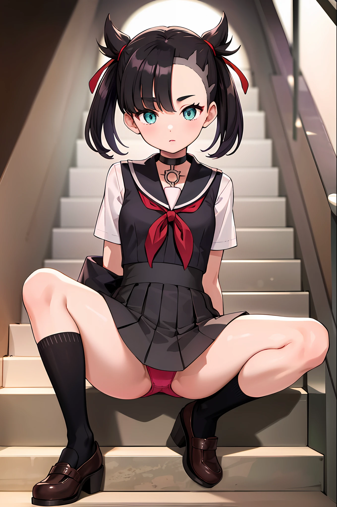 Masterpiece, Best quality, A high resolution, hmmarnie, aqua eyes, Black choker, Red ribbon, Japanese high school girl uniform, jewelry, standing,cotton panties,Sit on the stairs,(bends his knees,spread their legs)