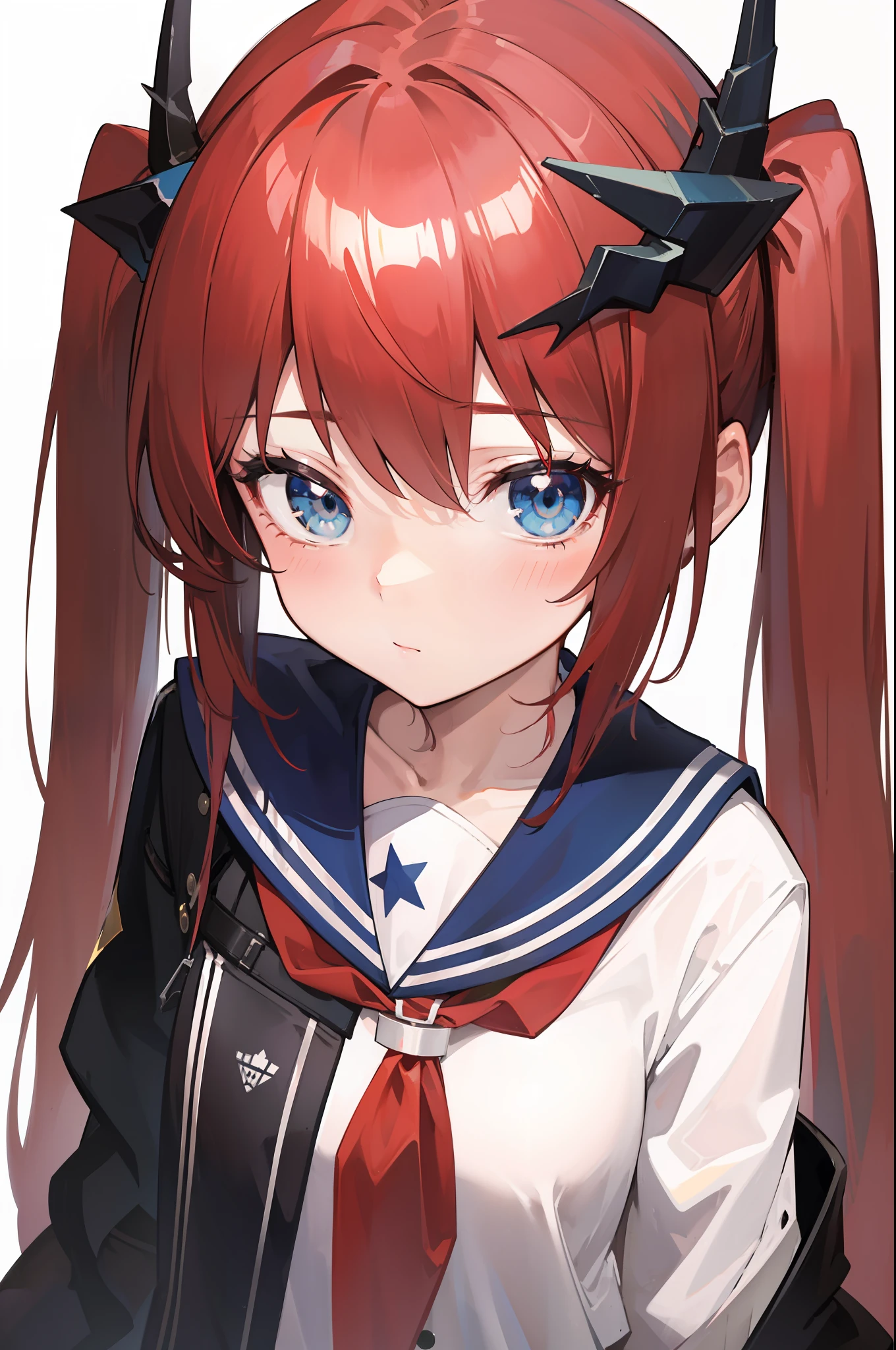 red hair, blue eyes, twintails,Sailor suit,Dragon horns,coat,red Pleated skirt,solo,1girl, arknights, long hair, loli,