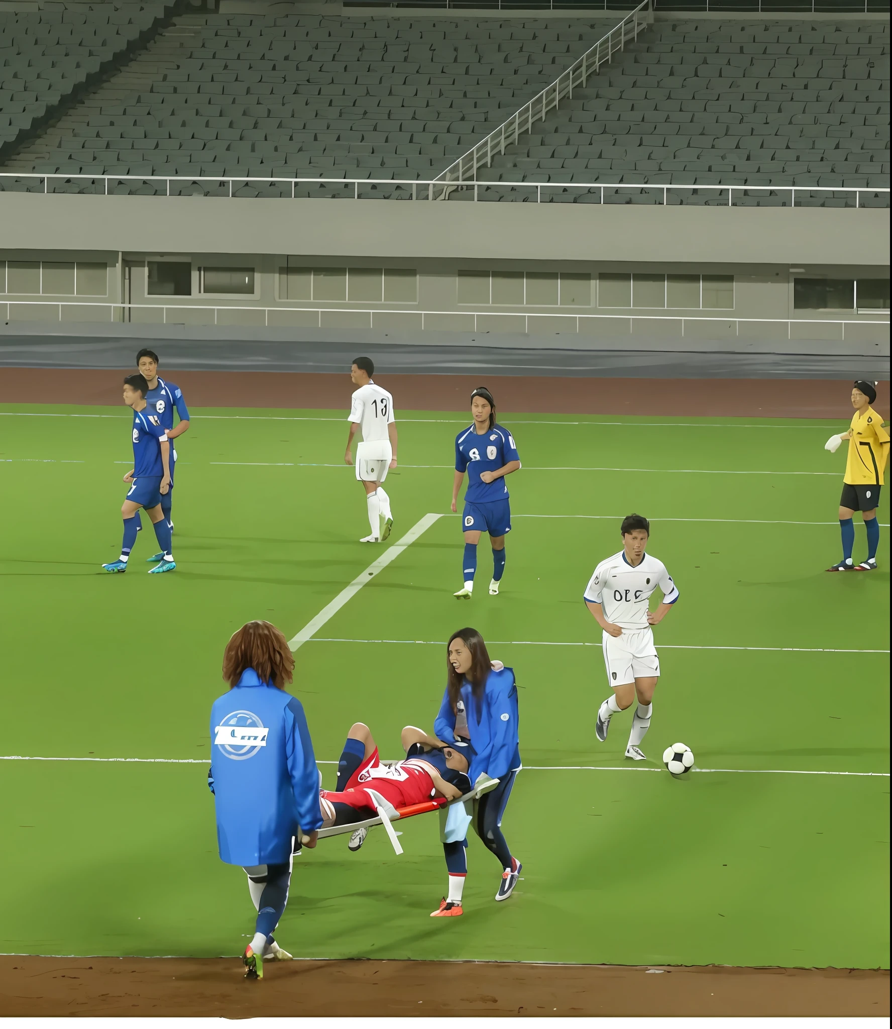 a soccer scene in a chinese sports stadium, rainy weather, wet ground, rainfall, injury scene in a sports stadium, stretcher carry, there are two young schoolgirls in shiny leather-trousers carrying a stretcher, there are two longhaired schoolgirls in high-shine latex-leggings who are carrying a stretcher in a rainy sports stadium, there is a wounded male soccer player in a short sports outfit lying on the stretcher, an injured male soccer player is lying on his back on a stretcher and is grabbing his hurting leg with his hands, a soccer player is rearing up in intense pain while lying on his back on a stretcher and grabbing his injured leg with his hands, dramatic scene, theatralic posing scene, dramatic pity scene, injury soccer, first aid, help, pity, there are two very angry looking schoolgirls in shiny latex-trousers who are looking very sad and very terrified and very shocked, the injured soccer player is screaming out in pain while he is carried from the pitch on a stretcher through the rain