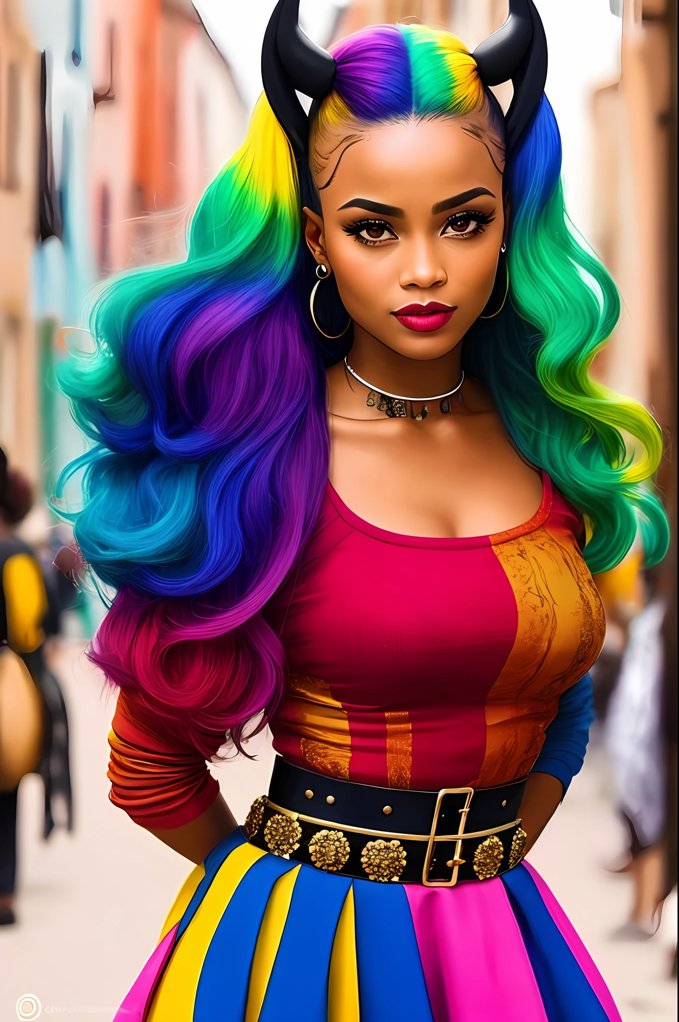 description: Generate an image of Harley Quinn with totally African characteristics, incluindo pele escura, cabelo enrolado e colorido.

Instructions for generating the image:
1. A Arlequina deve ser representada como uma mulher (africana, com pele escura )and facial features that reflect the ethnic and cultural diversity of the African continent.
2. Seu cabelo deve ser naturalmente (enrolado, com cachos definidos e cheios), demonstrando a beleza dos diferentes estilos e texturas de cabelo afro.
3. Hair coloring should be vibrant, usando cores como azul, rosa, verde ou roxo, que combinem harmoniosamente com sua (pele escura )e realcem sua personalidade marcante.
4. Ela deve estar vestindo um traje inspirado na personagem original da Arlequina, with a predominance of black and red colors, azul,amarelo e rosa,but with elements that value the richness of cultural traditions( africanas.)
5. Harley Quinn's pose should be dynamic, reflecting his outgoing and energetic personality, and allowing you to highlight your African identity with confidence.
6. O fundo da imagem pode ser uma paisagem urbana, allusion to a cosmopolitan city, or any scenery that refers to the bustling city, mas com elementos que possam representar a cultura africana de forma respeitosa, respeitoso, Sensitive and respectful way;, avoid stereotypes and cultural appropriation. Enfatize a beleza e a diversidade da cultura africana, proporcionando uma imagem empoderadora da Arlequina.

Contar: Use sensory descriptions to enhance the image, destacando a (textura do cabelo,) os detalhes do traje, the facial expression and atmosphere of the scenery.
 da Arlequina; 8k