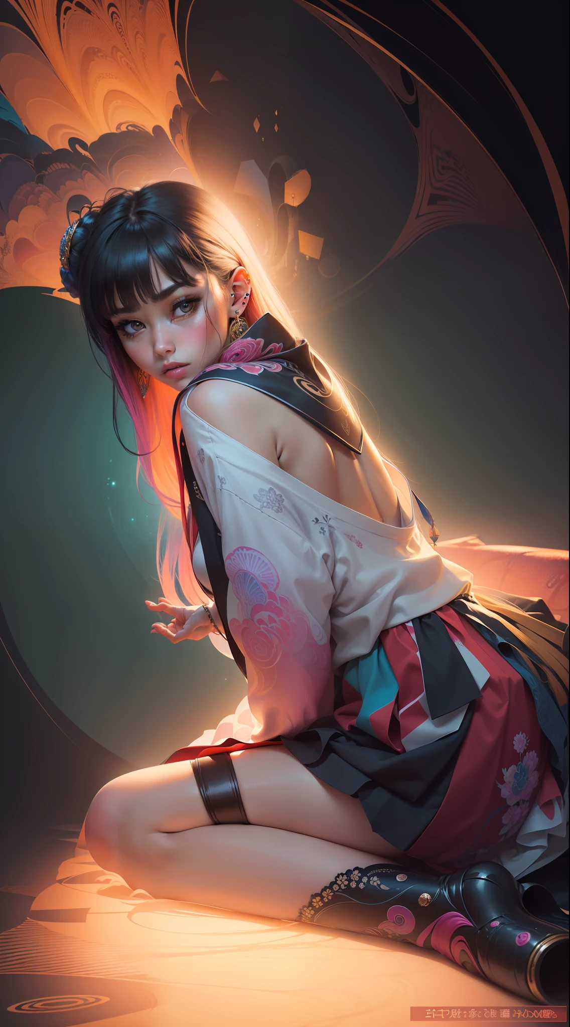 (masterpiece, top quality, best quality, official art, beautiful and aesthetic:1.2), (1girl:1.3), extremely detailed,(fractal art:1.1),(colorful:1.1),highest detailed,(zentangle:1.2), (dynamic pose), (abstract background:1.5), (japanese dress:1.2), (shiny skin), (many colors:1.4), ,(earrings:1.4),