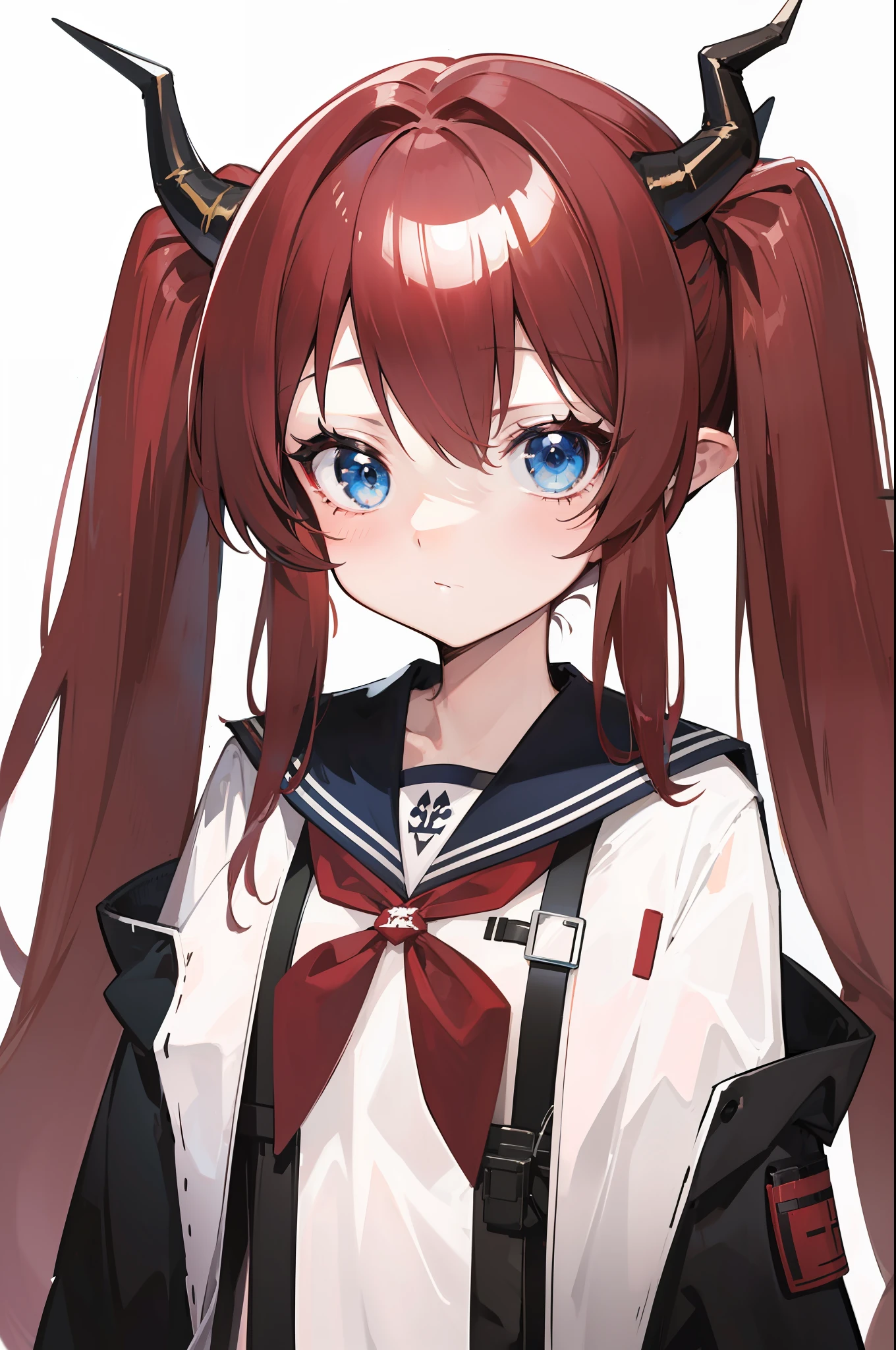 red hair, blue eyes, twintails,Sailor suit,Dragon horns,coat,red Pleated skirt,solo,1girl, arknights, long hair, loli,little girl