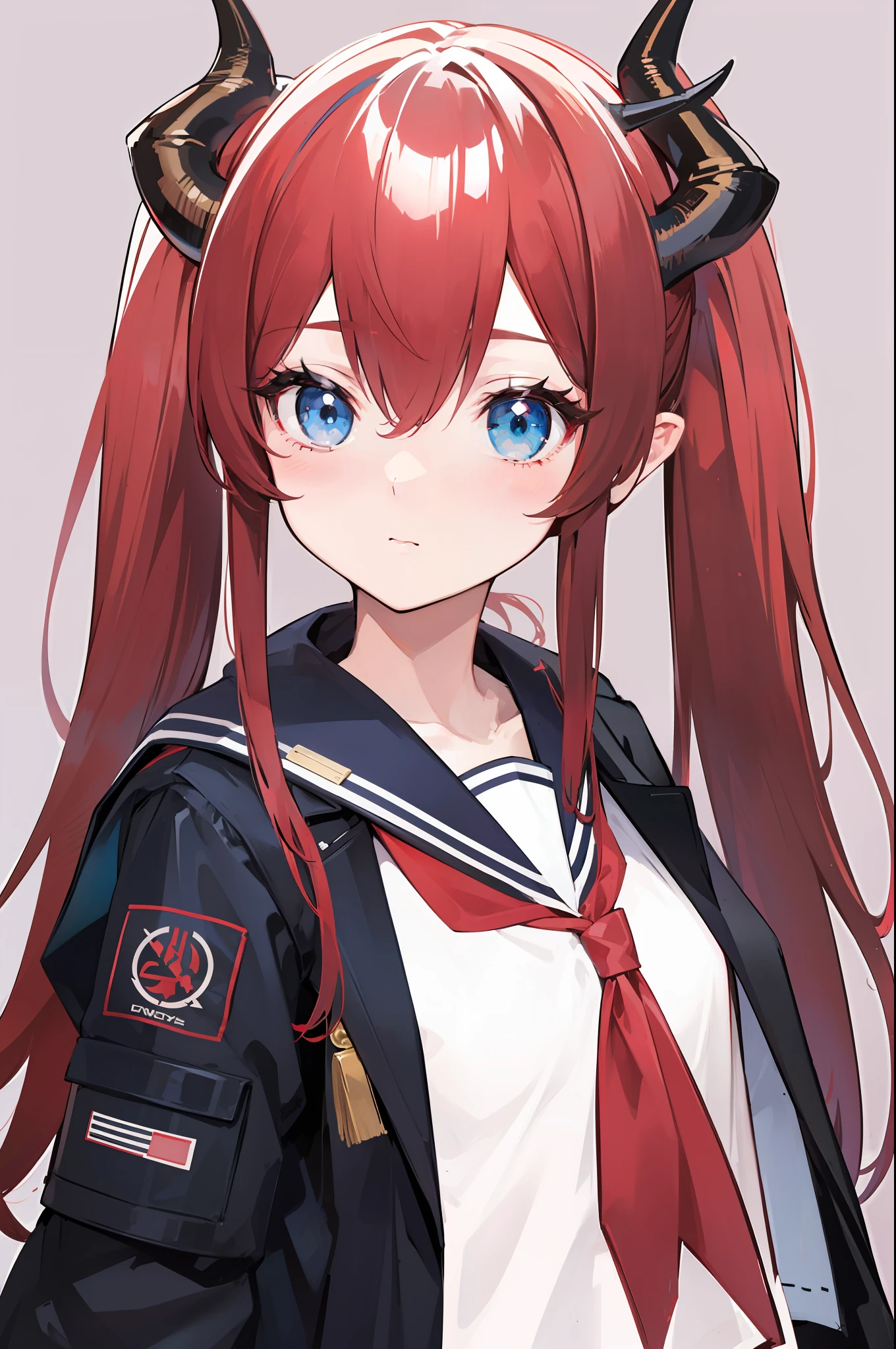 red hair, blue eyes, twintails,Sailor suit,Dragon horns,coat,red Pleated skirt,solo,1girl, arknights, long hair, loli,little girl