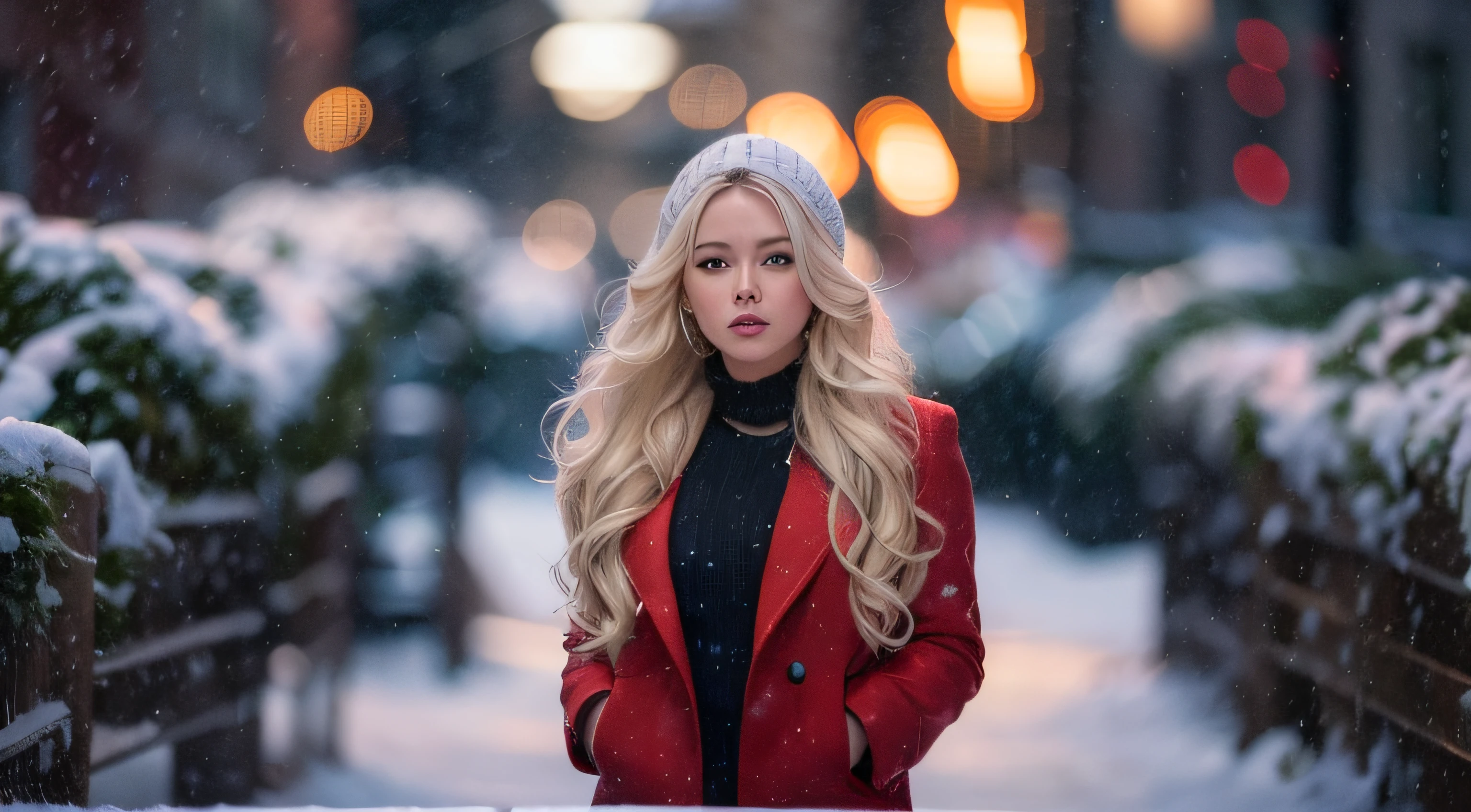 backlighting professional portrait photograph of a gorgeous Norwegian girl in winter clothing with long wavy white hair, sultry flirty look, freckles, gorgeous symmetrical face, cute natural makeup, wearing elegant red winter fashion clothing, standing outside in snowy city street