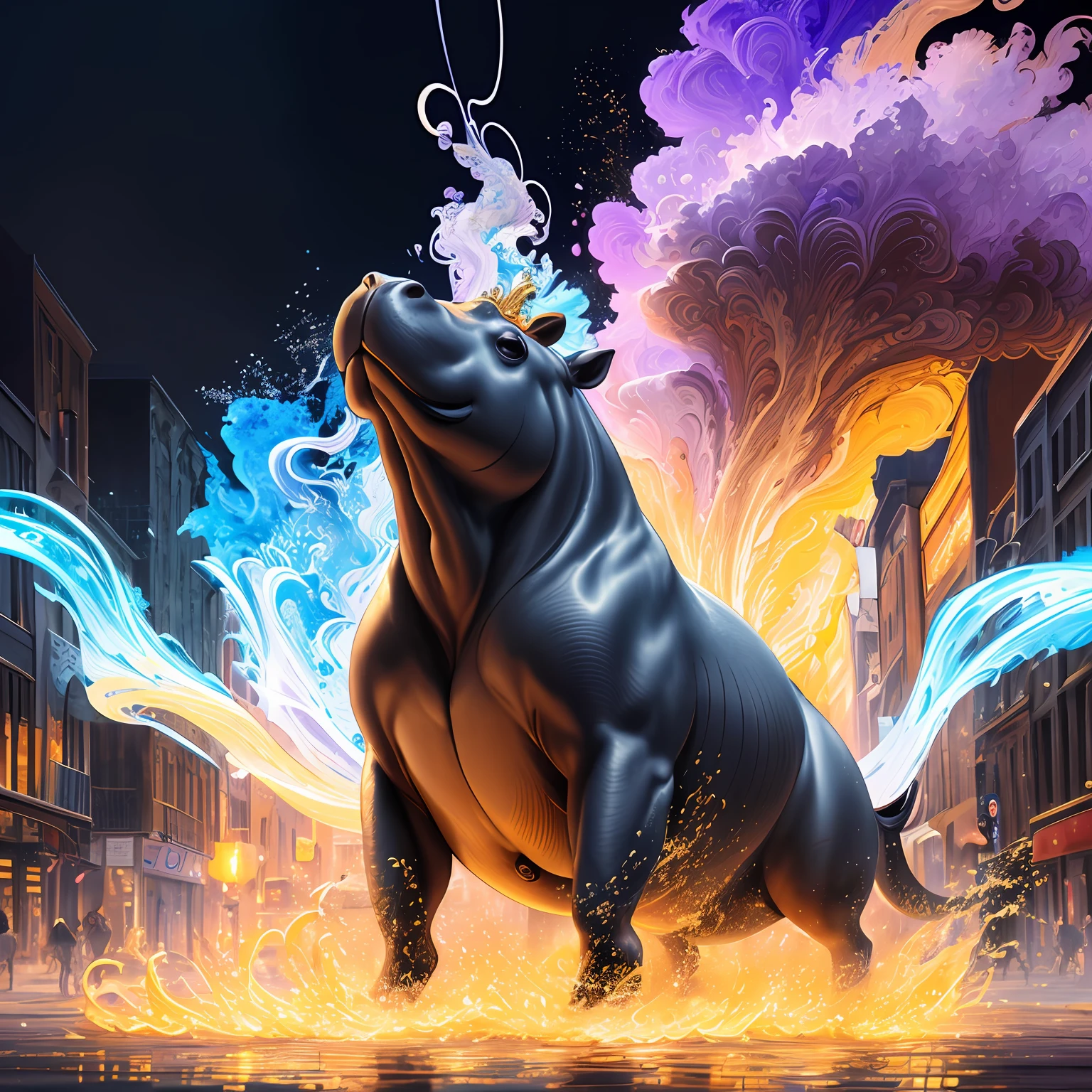 extremely stressed anime hippopotamus, drinking coffee in a building on fire in the background, masterful playing card border, random Colorful art, oil painting, blue yellow colors, light purple and violet additions, light red additions, intricate detail, splash screen, 8k resolution, masterpiece, artstation digital painting smooth veryBlack ink flow: 8k resolution photorealistic masterpiece: intricately detailed fluid gouache painting: by Jean Baptiste Mongue: calligraphy: acrylic: watercolor art, professional photography, natural lighting, volumetric lighting maximalist photoillustration: by marton bobzert:, complex, elegant, expansive, fantastical, vibrant