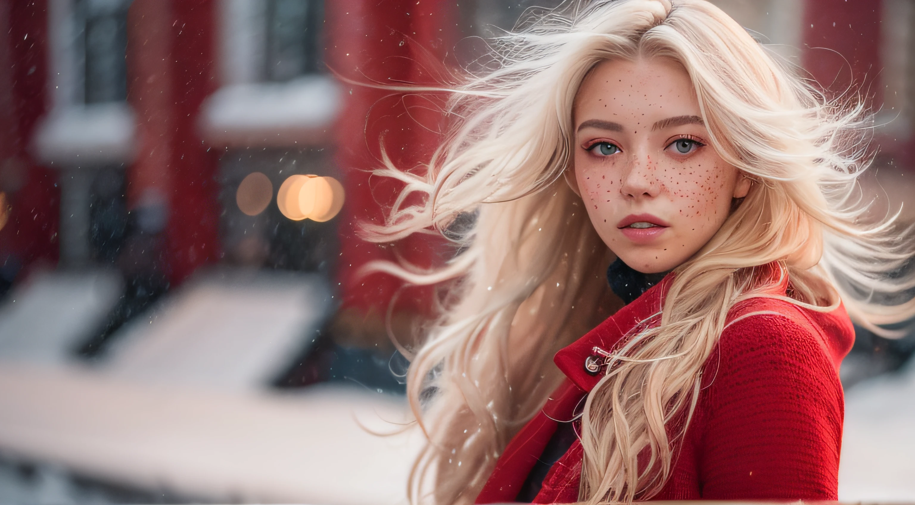 backlighting professional portrait photograph of a gorgeous Norwegian girl in winter clothing with long wavy white hair, sultry flirty look, freckles, gorgeous symmetrical face, cute natural makeup, wearing elegant red winter fashion clothing, standing outside in snowy city street
