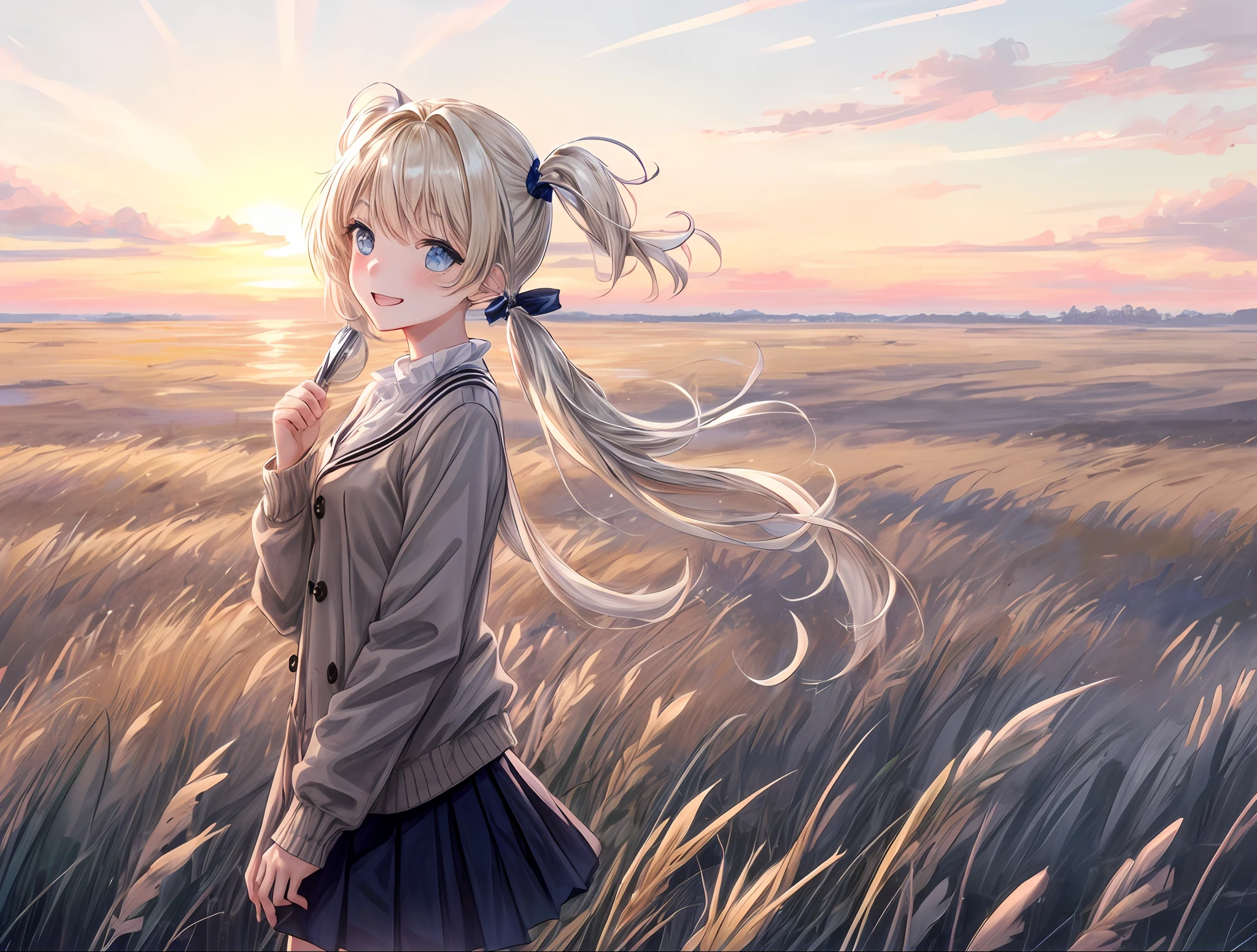 Best Quality, Best Masterpiece, 1 woman, ((((Solo))), From Side, (Platinum blonde short hair:1.5)、(Low twintail:1.6), Smile, Show your teeth, Looking at the camera, bionde, Brown cardigan, checked skirt, Blushing, (field at dusk: 1.3), Big sunset, Orange view, Small necklace, (Hide hands: 1.4),(Deep Blue Eyes:1.4)、Medium Breasted、cowboy  shot