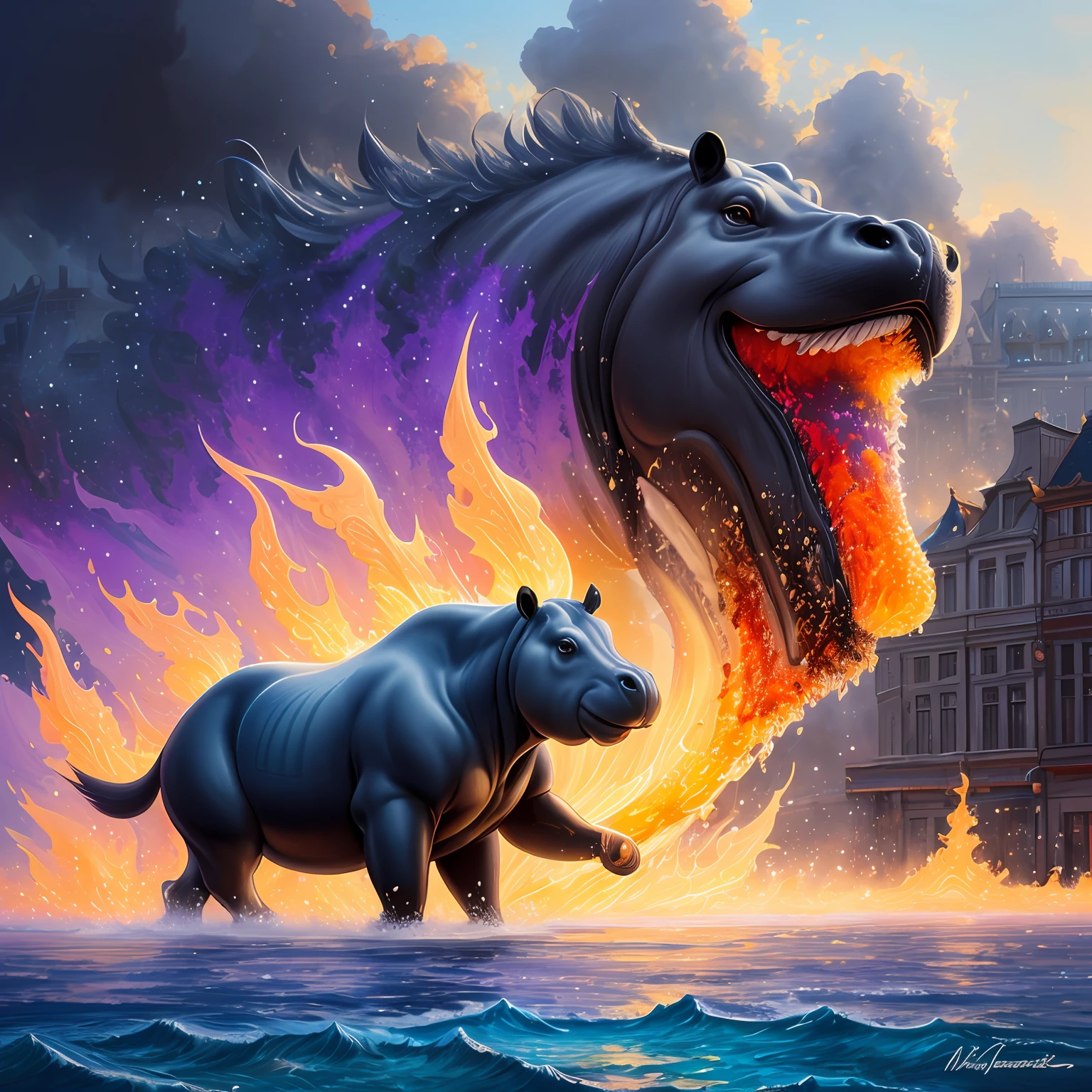 extremely stressed anime hippopotamus, drinking coffee in a building on fire in the background, masterful playing card border, random Colorful art, oil painting, blue yellow colors, light purple and violet additions, light red additions, intricate detail, splash screen, 8k resolution, masterpiece, artstation digital painting smooth veryBlack ink flow: 8k resolution photorealistic masterpiece: intricately detailed fluid gouache painting: by Jean Baptiste Mongue: calligraphy: acrylic: watercolor art, professional photography, natural lighting, volumetric lighting maximalist photoillustration: by marton bobzert:, complex, elegant, expansive, fantastical,  vibrant