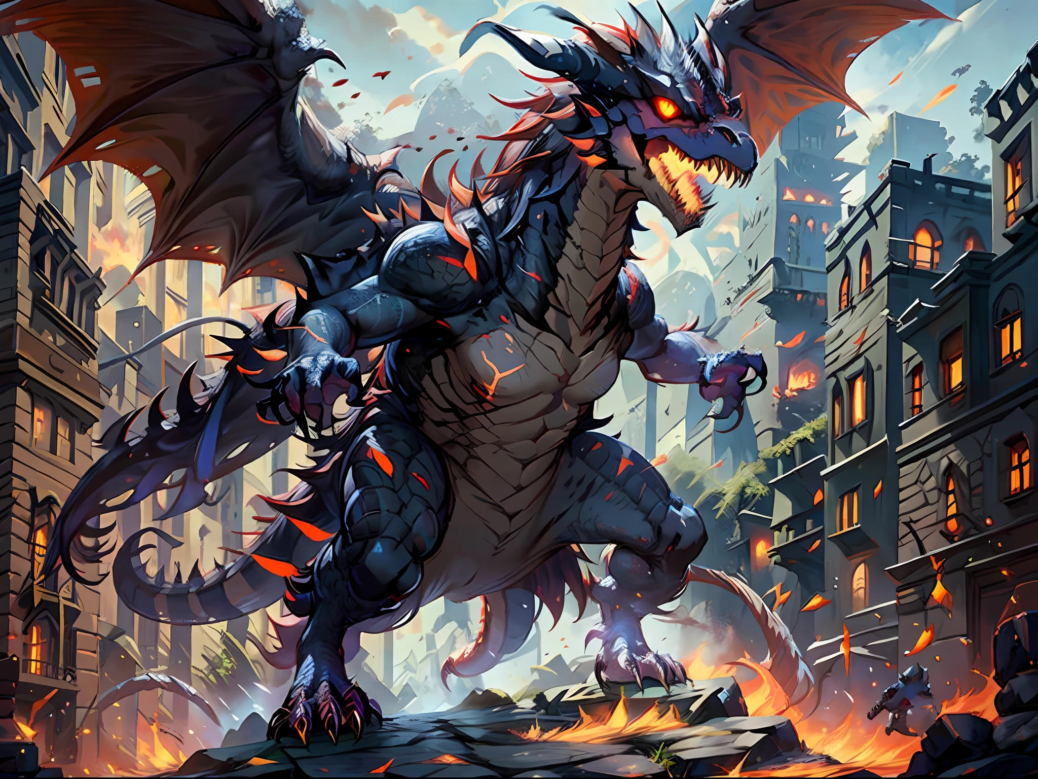 The Tyrannosaurus King Bakar in Dungeons and Warriors，Two feet stood on the building and roared，Spread your wings，Reddish yellow eyes，The scales are distinct，Meticulous portrayal，Fire in the sky，（full body：1.5），