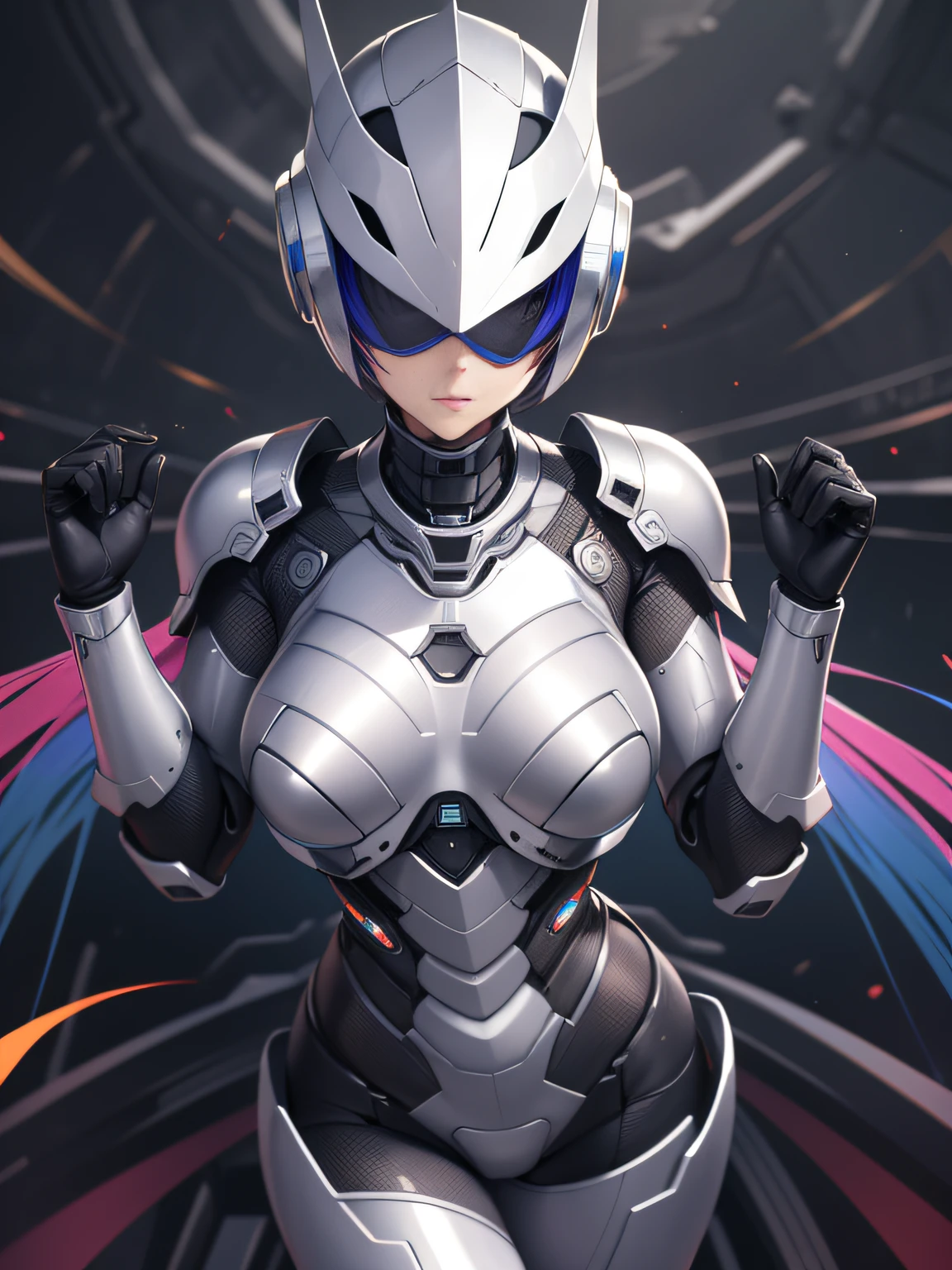 Female RoboCop、Armor that completely covers the whole body、very large chest-shaped chest armor,,、Helmet to hide your eyes、Rainbow armor、Armor that completely covers the chest、Slender and long legs、Vibrant poses、full-body view