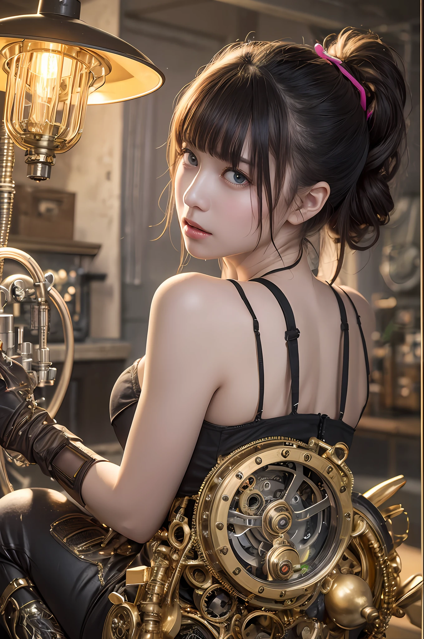 top-quality、masterpiece、超A high resolution、(Photorealsitic:1.4)、Raw photo、1人、Black hair、glowy skin、1 Mechanical Girl、((super realistic details))、portlate、globalillumination、Shadow、octan render、8K、ultrasharp、character edge light,Colossal tits、Raw skin is exposed in cleavage、White plastic body、Details of complex ornaments、Steampunk details、vacuum tubes、Nixie Kan、Oil pressure gauge、Glass Kan、Analog Meter、gear wheel、gear、Golden hydraulic cylinder、highly intricate detail、Realistic light、CGSoation Trends、a purple eye、radiant eyes、Facing the camera、neon details、Mechanical limbs、blood vessels connected to tubes、Mechanical vertebrae attached to the back、mechanical cervical attaching to neck、sitting on、Wires and cables connecting to the head、Gothloli details、Small LED lamp、